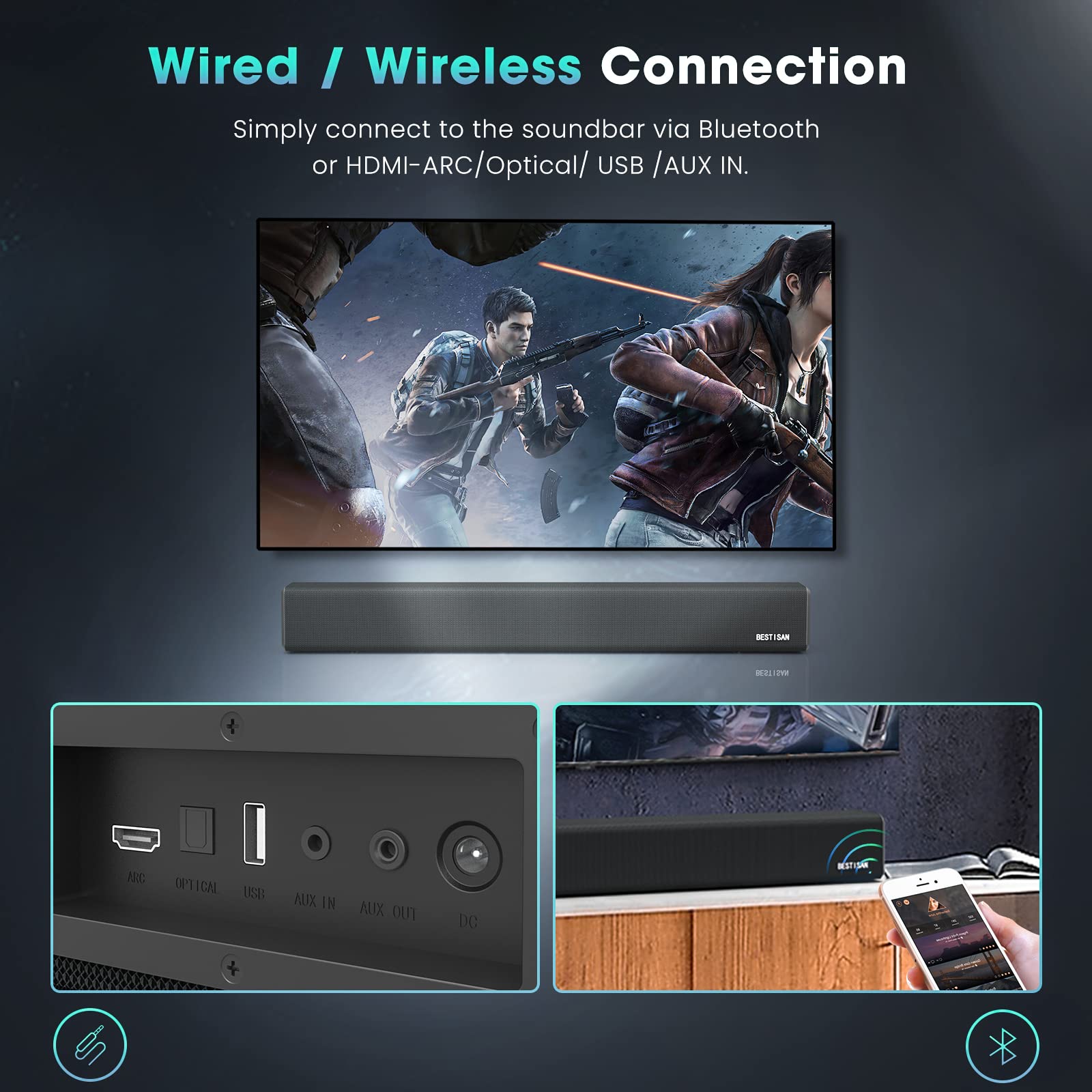 Bestisan 100W 32-Inch 2.1 Channel Bluetooth 5.0 Soundbar with Built-in Dual Subwoofer - HDMI ARC, 3 Audio Modes (Movie/Music/Dialog) - Enhanced TV Audio for Home Theater, Gaming & Streaming (2022 Model)