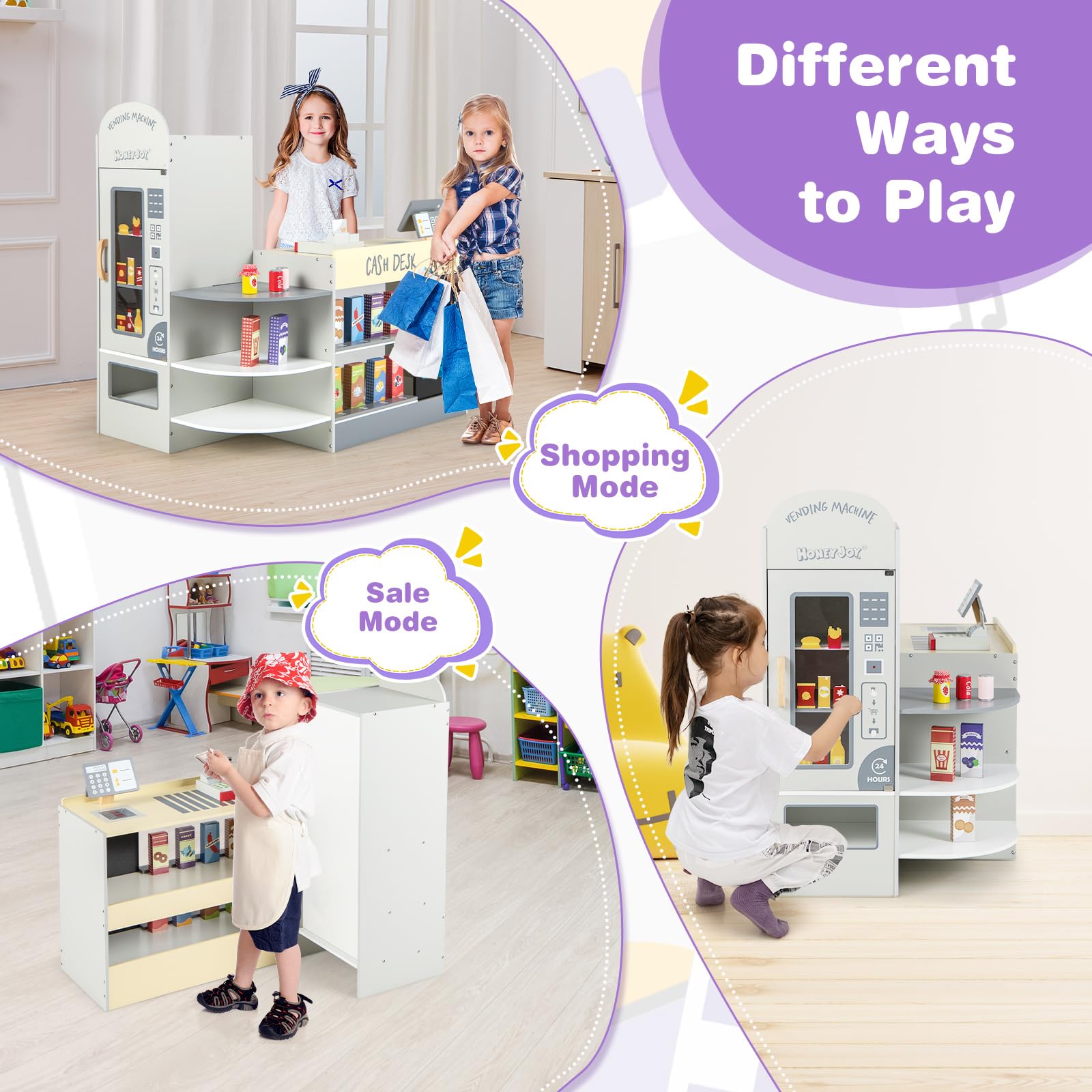 HONEY JOY Kids Grocery Store Playset - Wooden Supermarket Toy with Cash Register, Vending Machine & Checkout Counter - Pretend Play Set for Toddlers Boys & Girls (Gray) - Perfect for Role Play, Early Learning & Social Skills Development