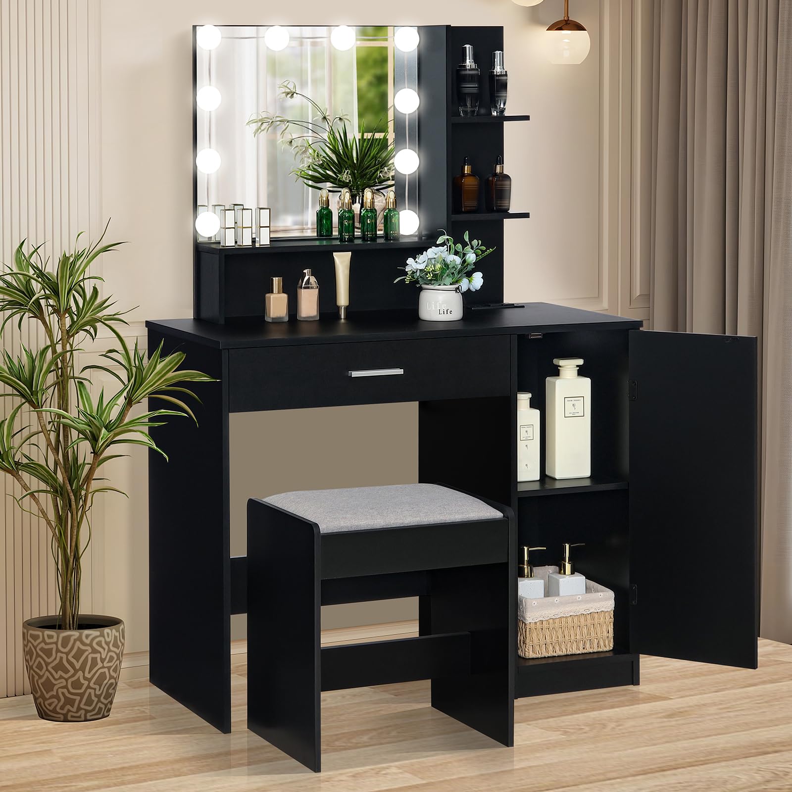 USIKEY Makeup Vanity Desk with LED Lights & Mirror - 3-Tier Storage Vanity Table with Drawer, Cabinet & Stool - Elegant Black Dressing Table for Bedroom, Perfect for Makeup Application & Beauty Organization