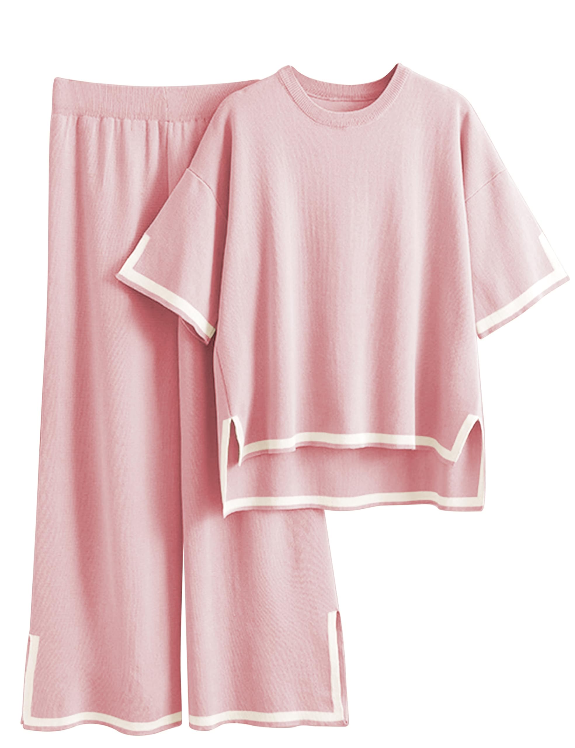 Tanming Women's 2-Piece Sweater Set - Soft Short Sleeve Knit Pullover Top & Comfortable Wide Leg Lounge Pants | Cozy Outfit for Home, Casual Wear & Relaxation
