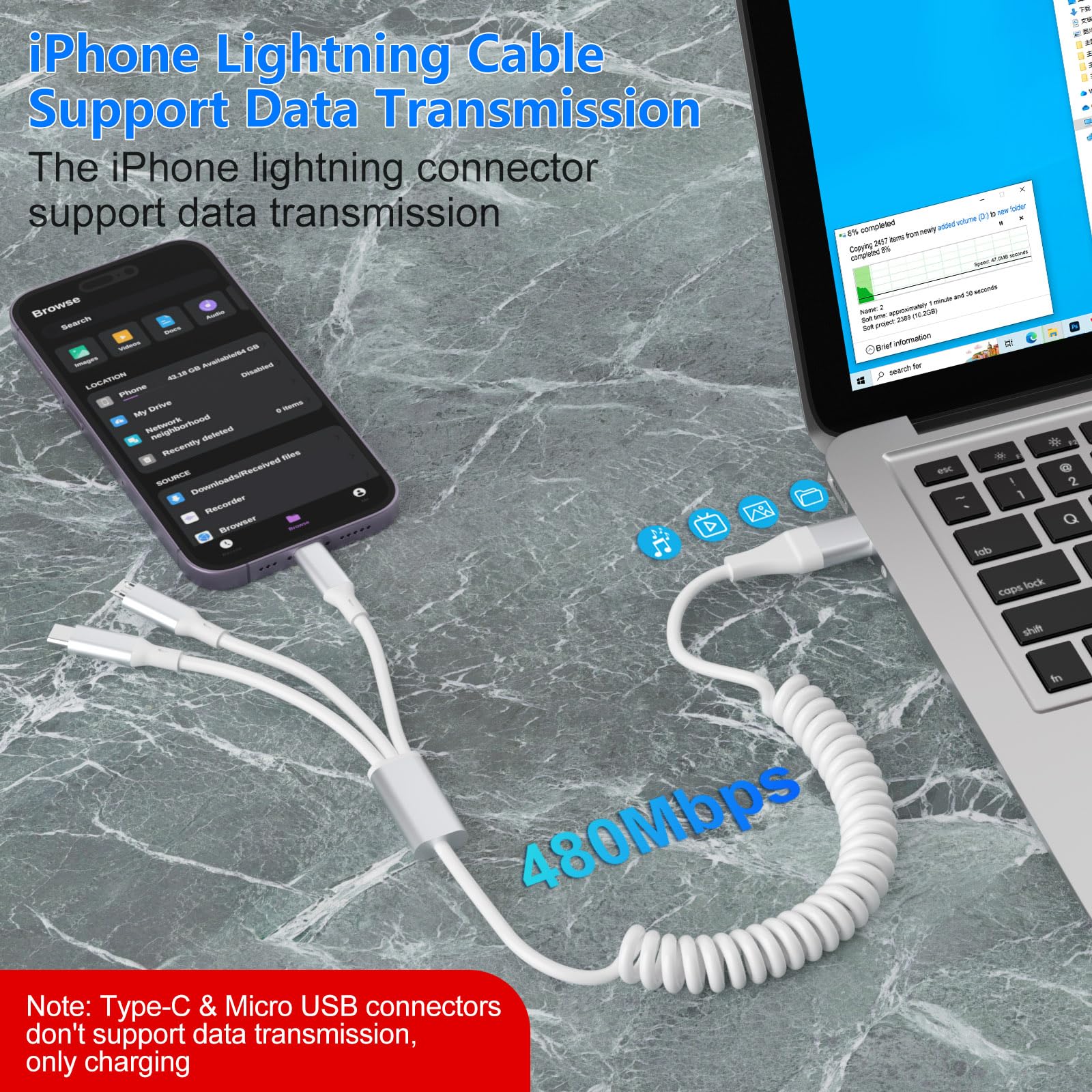 5-in-1 Multi Charging Cable with USB A & USB C to Lightning/USB C/Micro USB - Fast Charging Cord Compatible with iPhone 15 14 13 12 11 X 8 & Android Phones - White | Perfect for Home, Office, Car & Travel Charging Needs