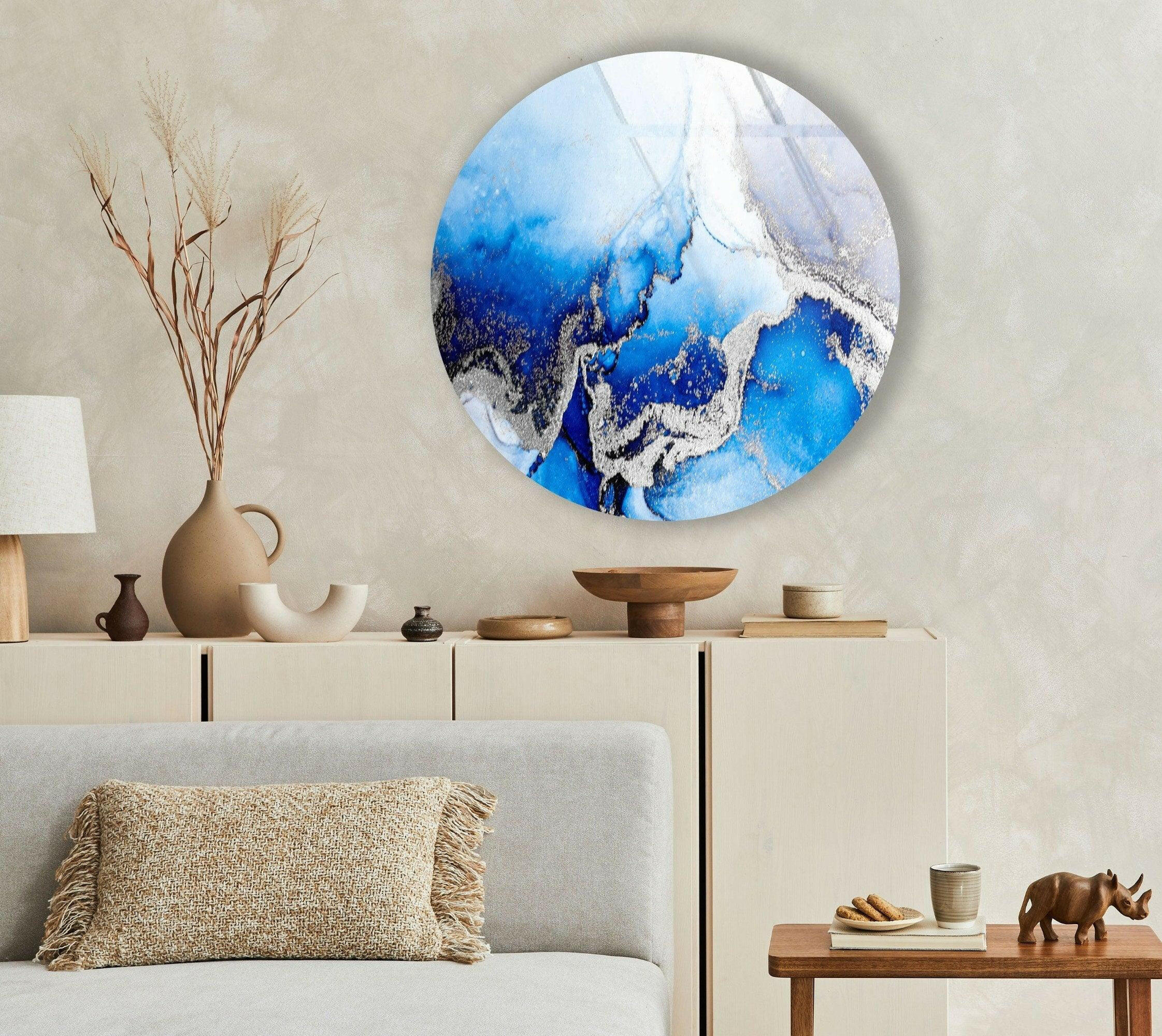 Blue Marble Round Glass Wall Art with Silver Accents - Elegant Home Decor for Living Room, Bedroom & Office