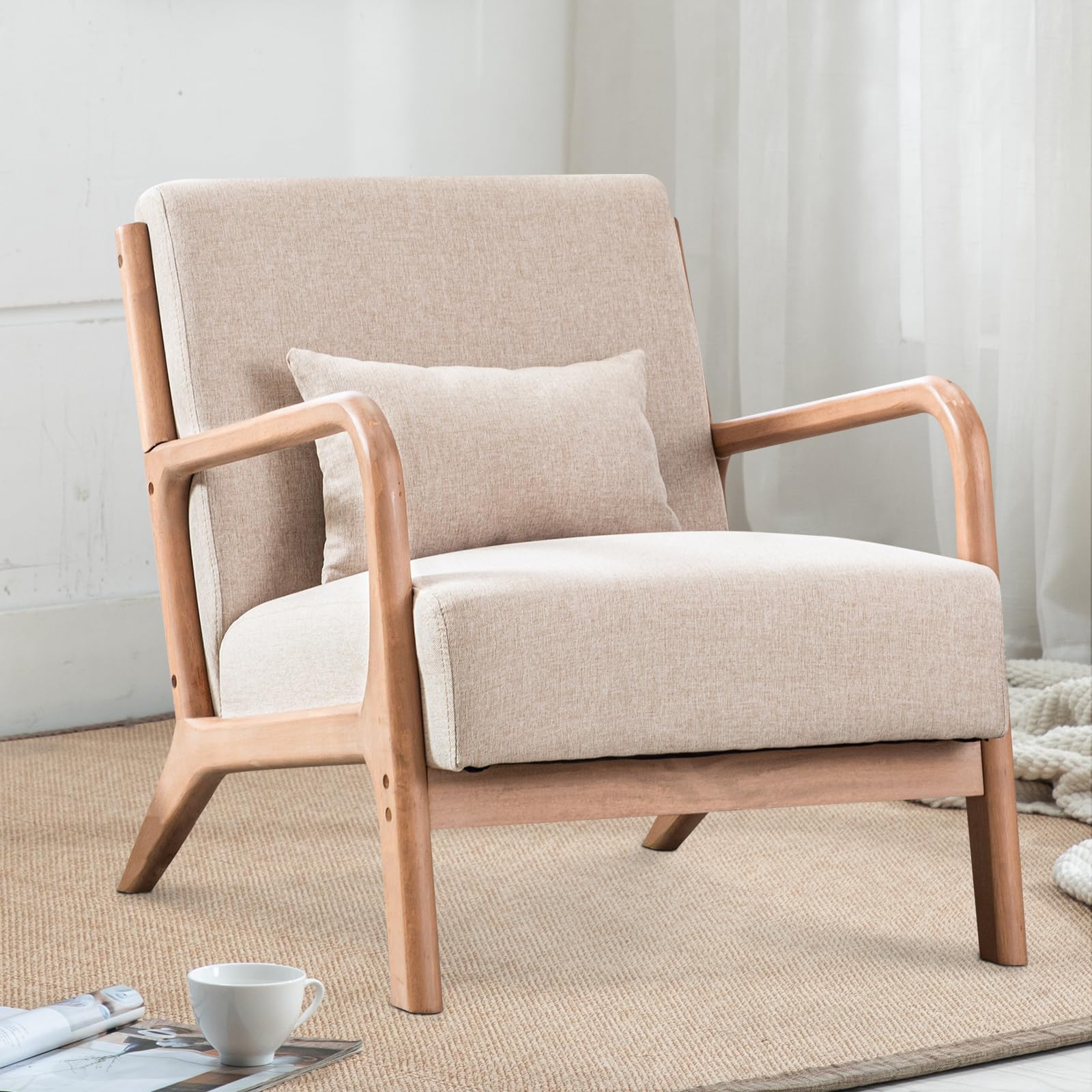 INZOY Mid Century Modern Accent Chair - Solid Wood Frame Upholstered Living Room Armchair with Removable Waist Cushion - Perfect for Bedroom, Sunroom, Reading Nook & Home Office (Beige)