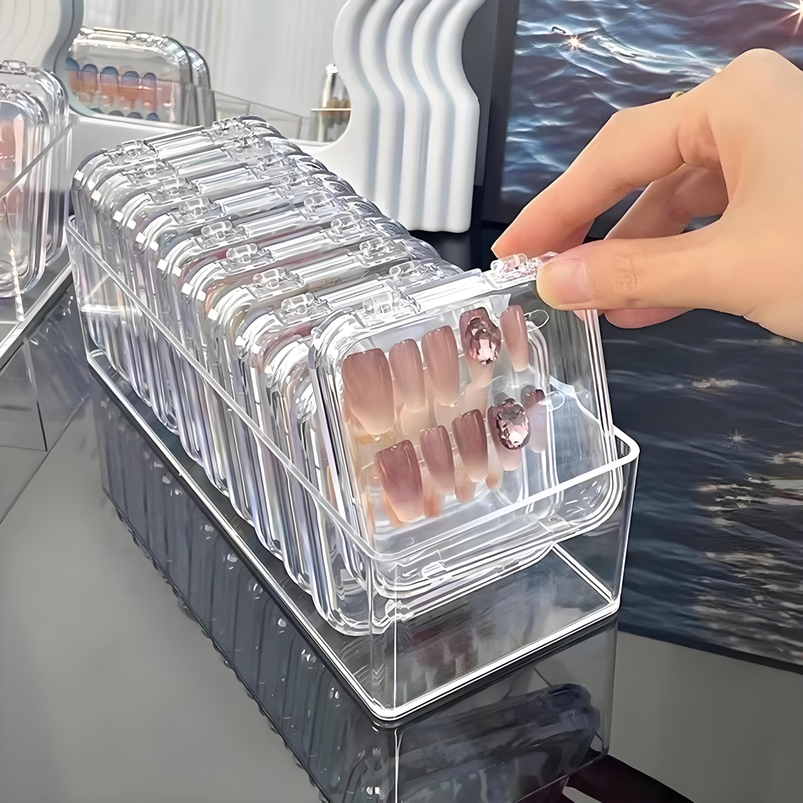 12 Pcs Clear Press On Nail Storage Box - False Nail Organizer Case with Double Sided Tape | Nail Art Display & Salon Business Supplies for Home & Professional Use