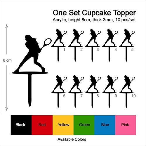 10pcs Female Tennis Player Silhouette Acrylic Cupcake Toppers for Wedding, Birthday Party Decorations - Perfect for Sports Theme Cakes, Dessert Displays & Tennis Lover Celebrations