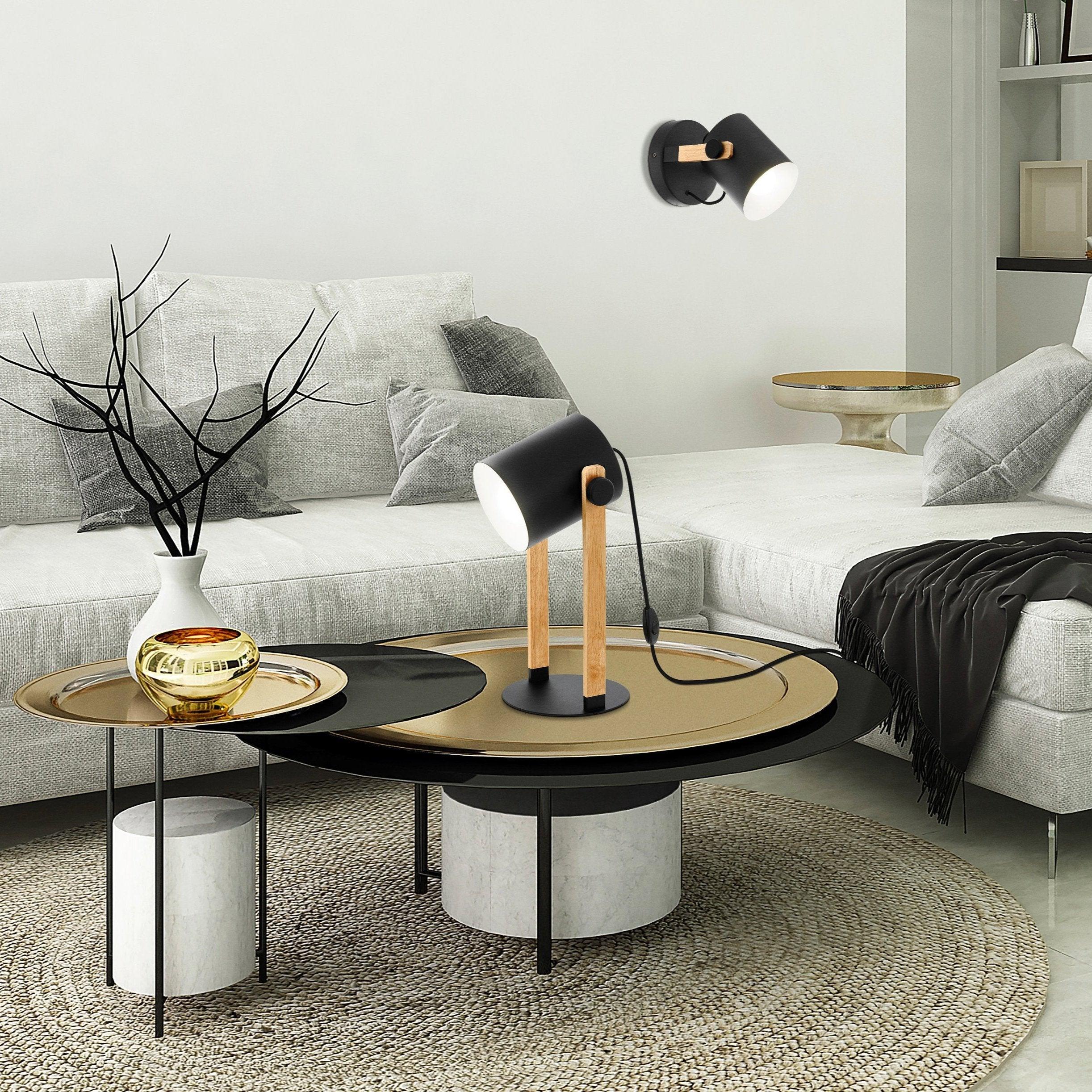 Eglo Hornwood Modern Black Metal & Wood Table Lamp - Stylish Home Office Desk Lighting for Living Room, Bedroom, or Study