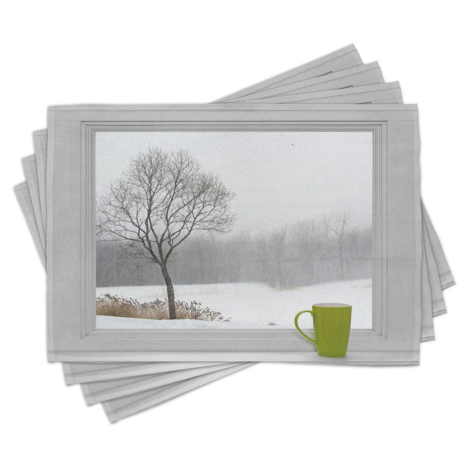 Ambesonne Winter Place Mats Set of 4 - Green Teacup on Windowsill Forest Snowstorm Scenic Countryside Design, Washable Fabric Dining Table Mats for Kitchen & Dining Room Decor in Apple Green, Beige & White - Perfect for Holiday Dinners, Cozy Winter Meals & Seasonal Home Decor