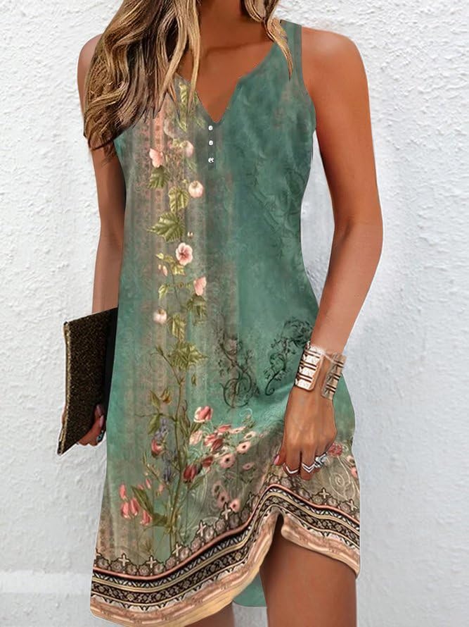 Chvity Women's Boho Summer Dress - V Neck Sleeveless Floral Print Mini Sundress for Beach, Vacation & Casual Outings