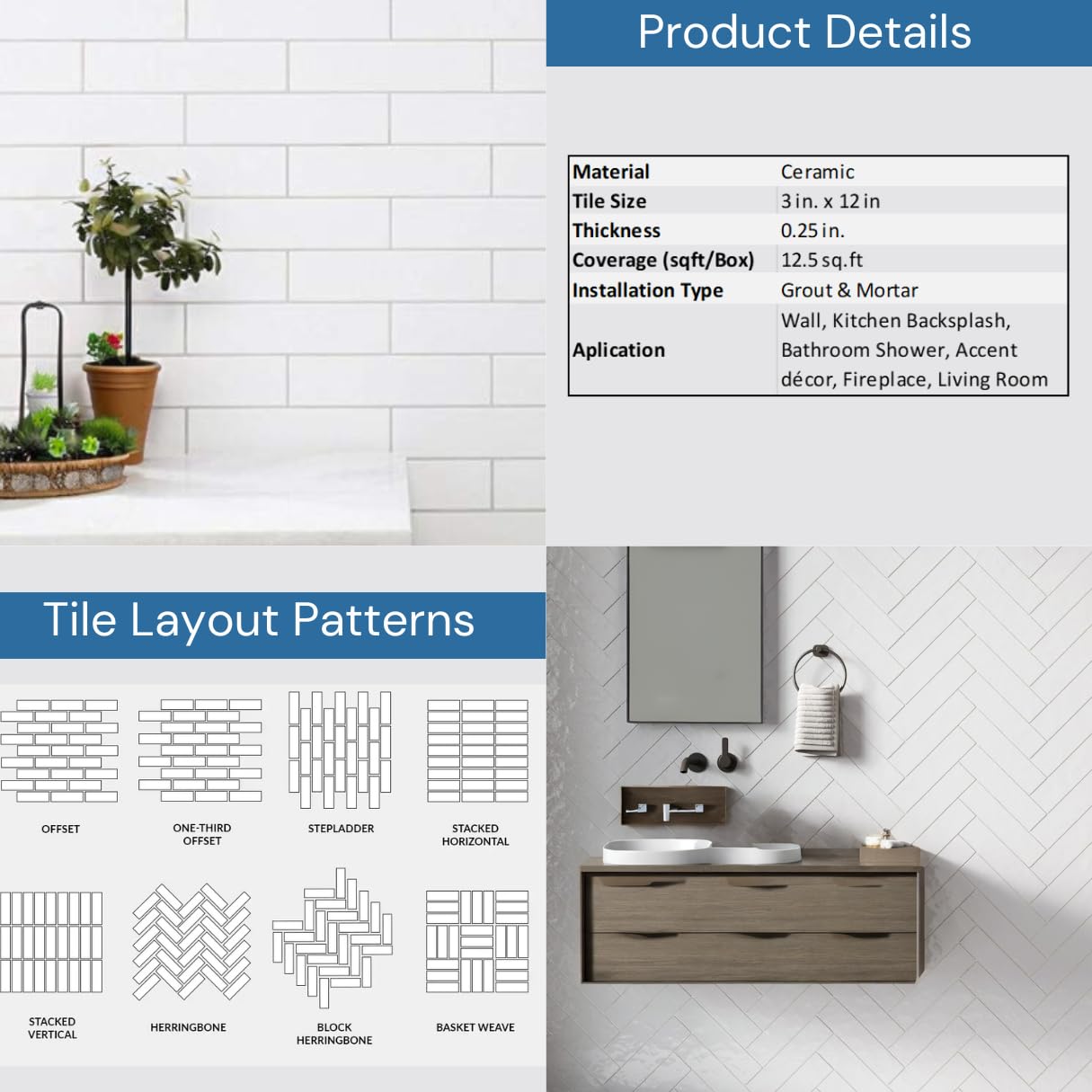 Glossy White 3x12 Inch Ceramic Subway Wall Tile - Kitchen Backsplash, Bathroom Shower, Accent Decor - Box of 50 Tiles (12.5 Sqft) - Perfect for Modern Farmhouse, Coastal, and Minimalist Home Renovations