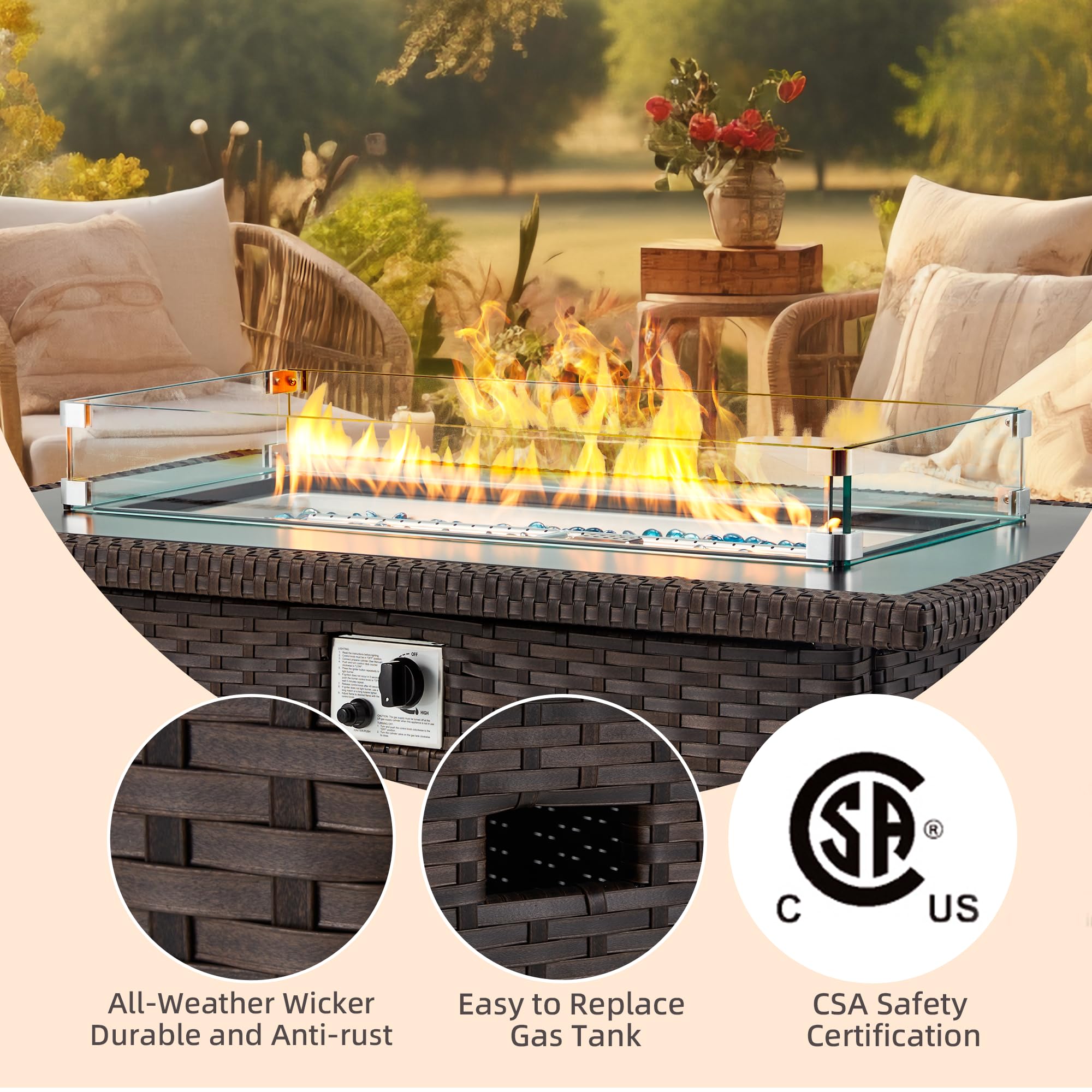 GYUTEI 44 Inch Outdoor Propane Fire Pit Table - 50,000 BTU Stainless Steel Burner with CSA Certification, Wind Guard & Glass Beads - Slide-Out Tank Holder for Patio, Backyard, Deck (Dark Brown) - Perfect for Outdoor Gatherings, Camping & Relaxation