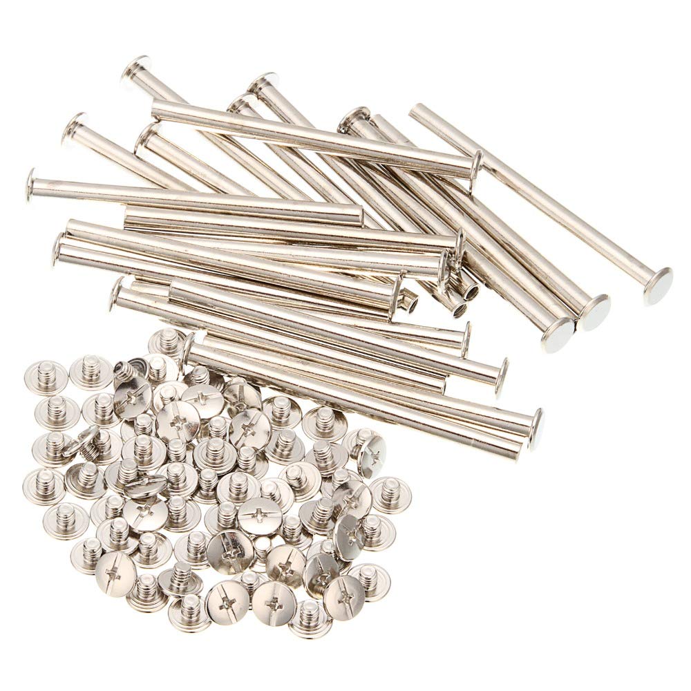 50pcs M5 Nickel Plated Binding Screws Nail Rivet Studs for Photo Albums, Account Books, Leather Craft, Belts & Wallets - 33mm Stem Length - DIY Leatherworking & Bookbinding Supplies