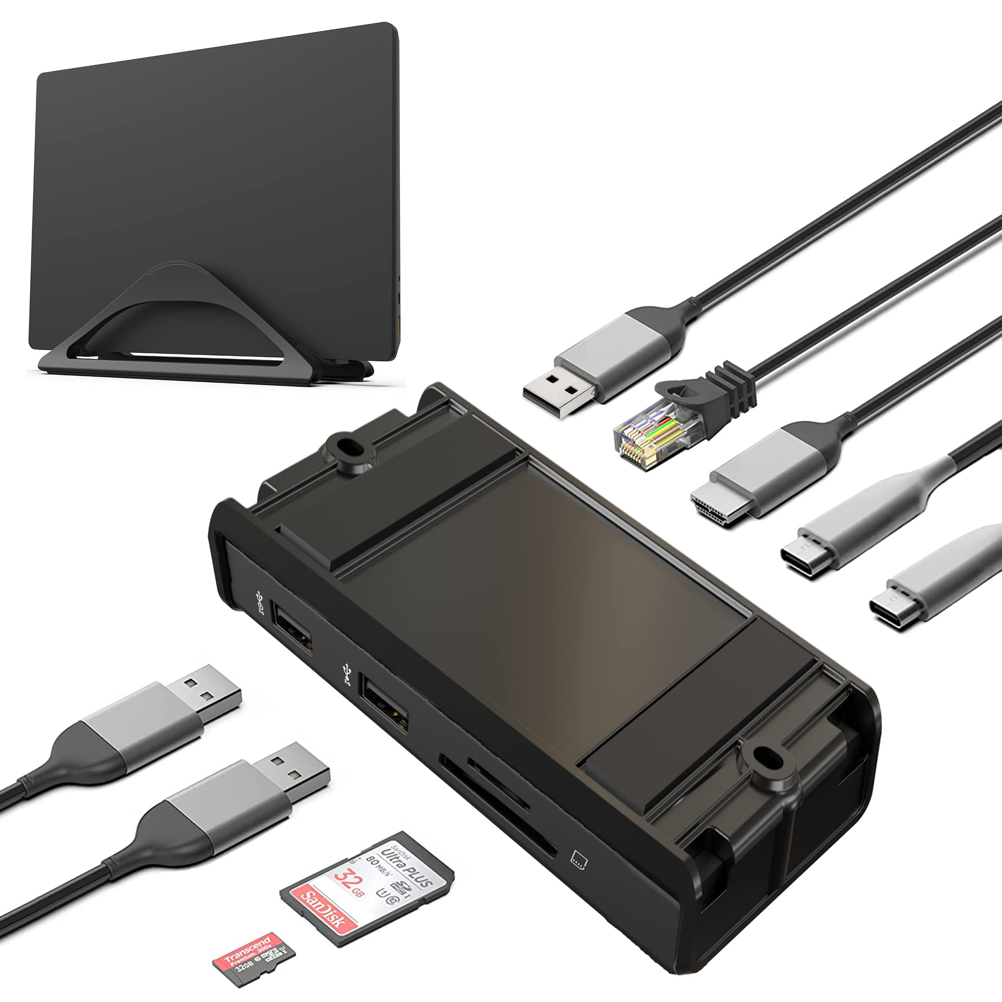 HumanCentric Black Vertical Laptop Stand with USB C Docking Station - Ergonomic Desktop Organizer for MacBook & Windows Laptops, Includes 87W Charger & HDMI Monitor Dock - Perfect for Home Office, Workspace & Remote Work Setup