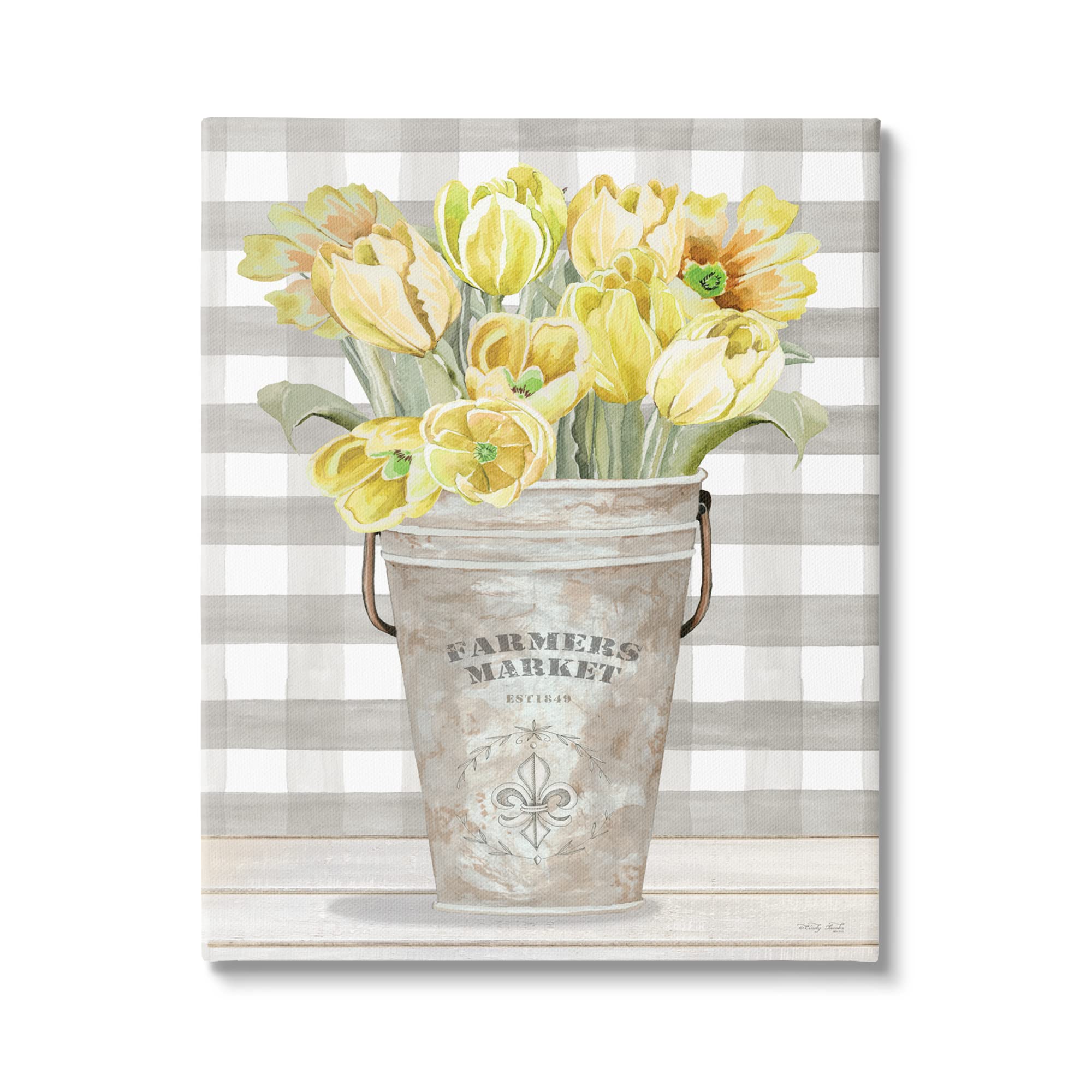 Stupell Industries Yellow Country Tulips Bouquet Tartan Farmers Market Planter - Floral Farmhouse Decor by Cindy Jacobs | Perfect for Kitchen Windowsill, Front Porch, or Spring Home Decor