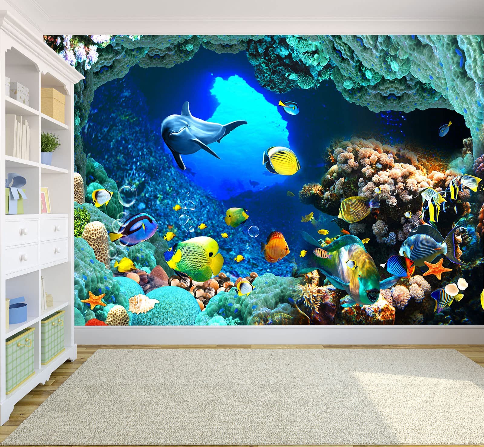 Undersea World Ocean Fish Wall Mural - Waterproof Wallpaper Decor for Living Room, Bedroom & Dining Room | Perfect for Coastal Theme, Kids Room & Aquarium Lovers (Not Self-Adhesive)