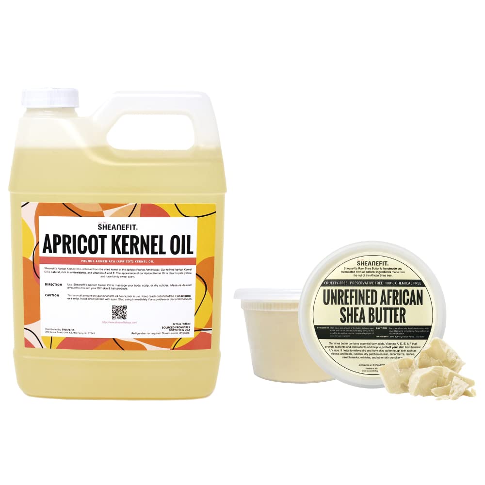 Raw Unrefined African Shea Butter 16oz & 32oz | Cold Pressed Refined Apricot Kernel Oil | Natural Moisturizer for Skin & Hair Care | DIY Beauty Recipes & Massage Therapy