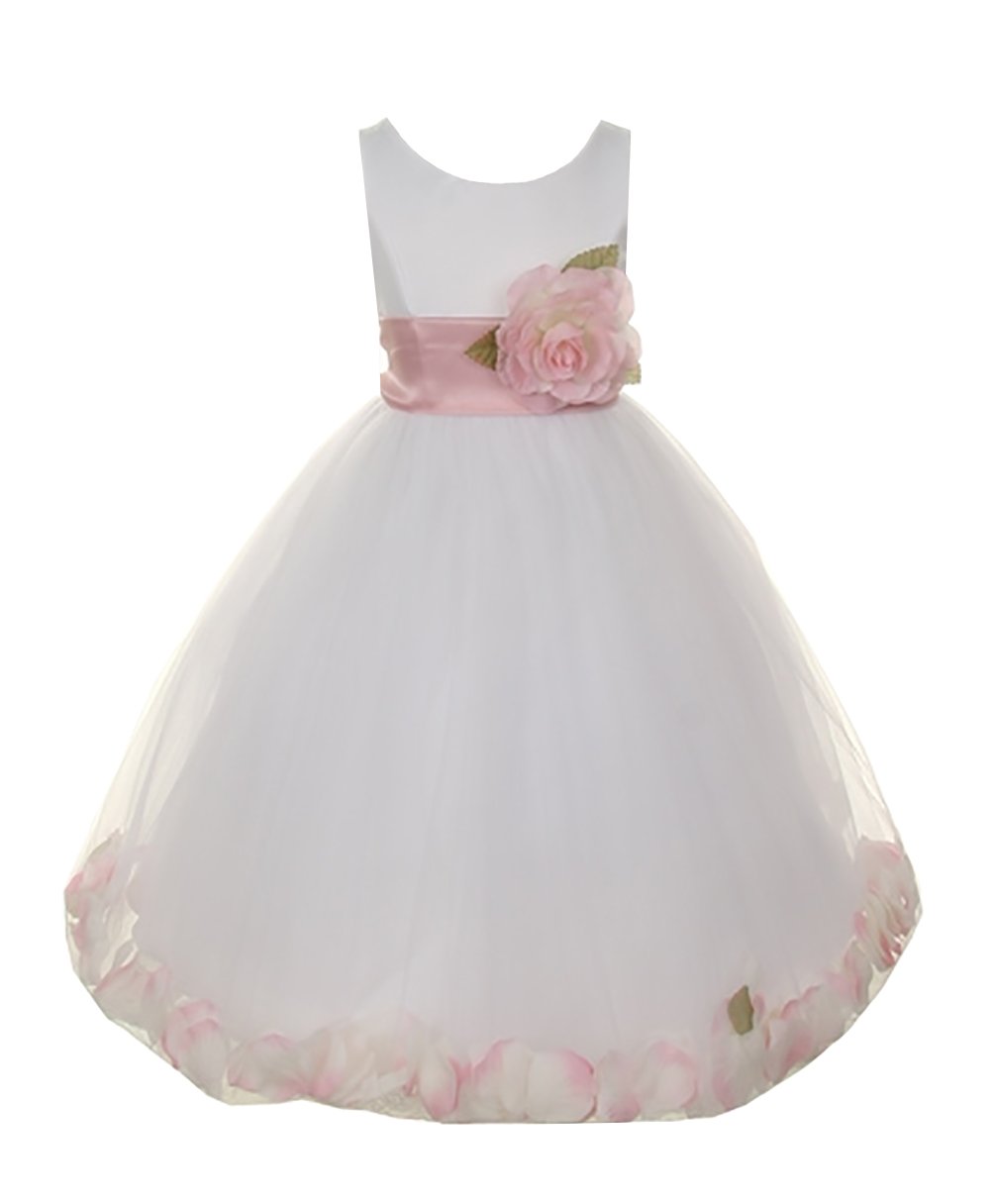 Big Girls' White Satin Tulle Flower Girl Dress with Petal Details - Perfect for Pageants, Weddings, and Special Occasions