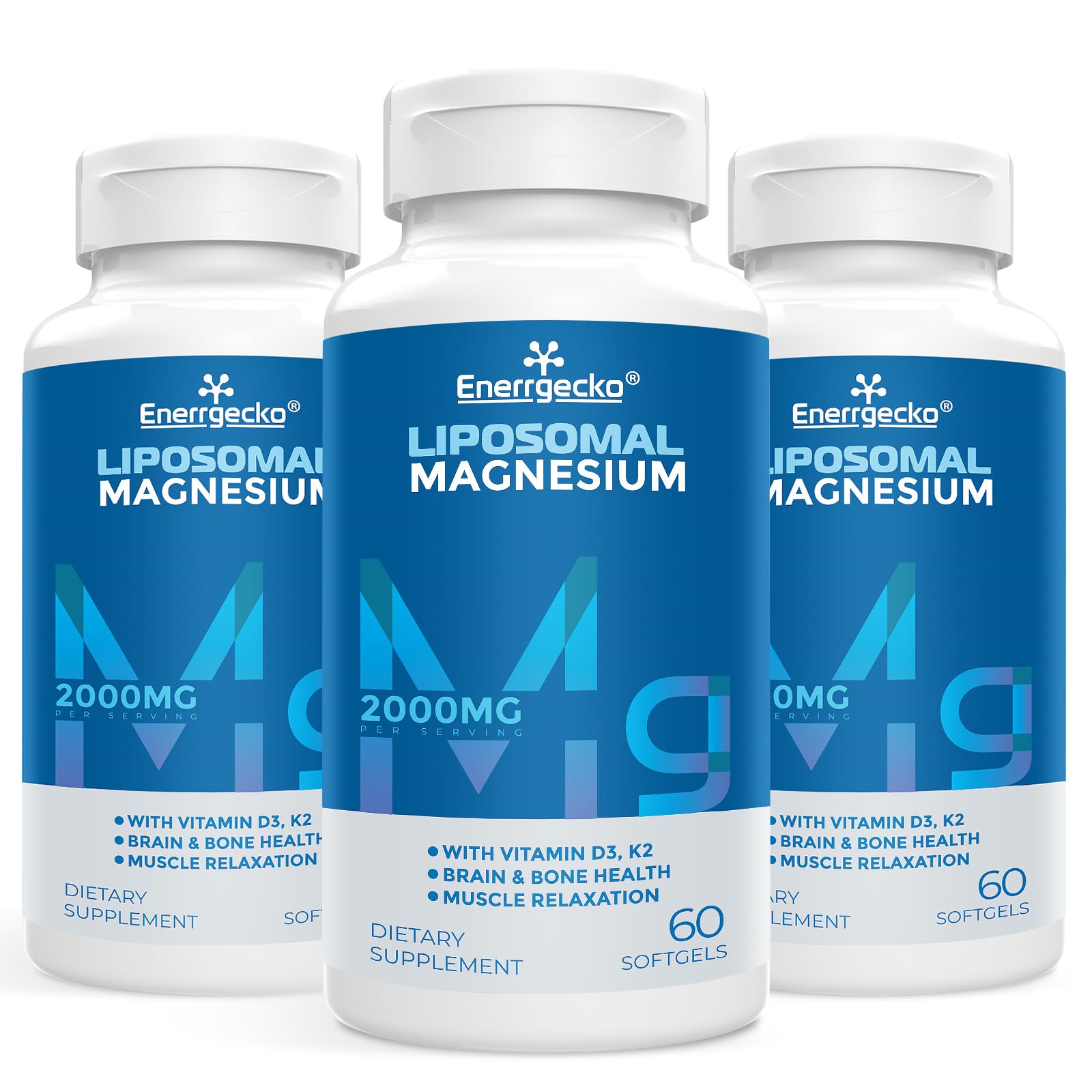 Liposomal Magnesium Softgels 2000mg with Vitamin D3 & K2 - Premium Brain, Bone & Muscle Support Supplement - Non-GMO, Gluten-Free - 60 Softgels for Stress Relief, Sleep Aid & Heart Health