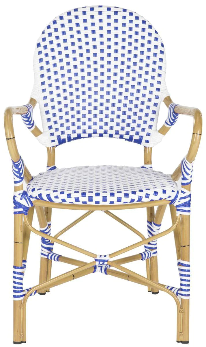 Blue and White Stacking Bistro Armchair - Outdoor Patio Dining Chairs, Lightweight & Durable for Restaurant, Cafe, Garden, Poolside and Backyard Use