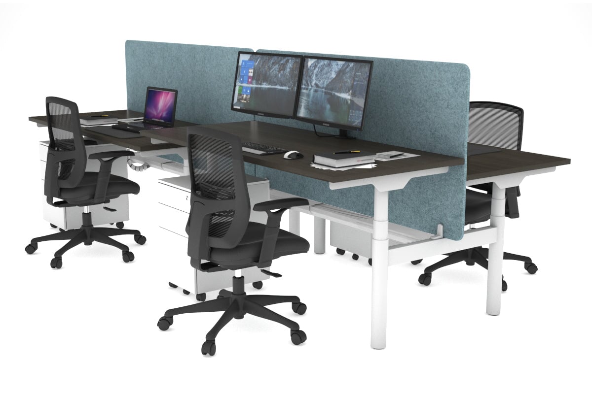 Flexi Premium Height Adjustable 4-Person H Bench Workstation - White Frame [1400L x 700W] - Ergonomic Office Desk for Collaborative Workspaces & Coworking Environments