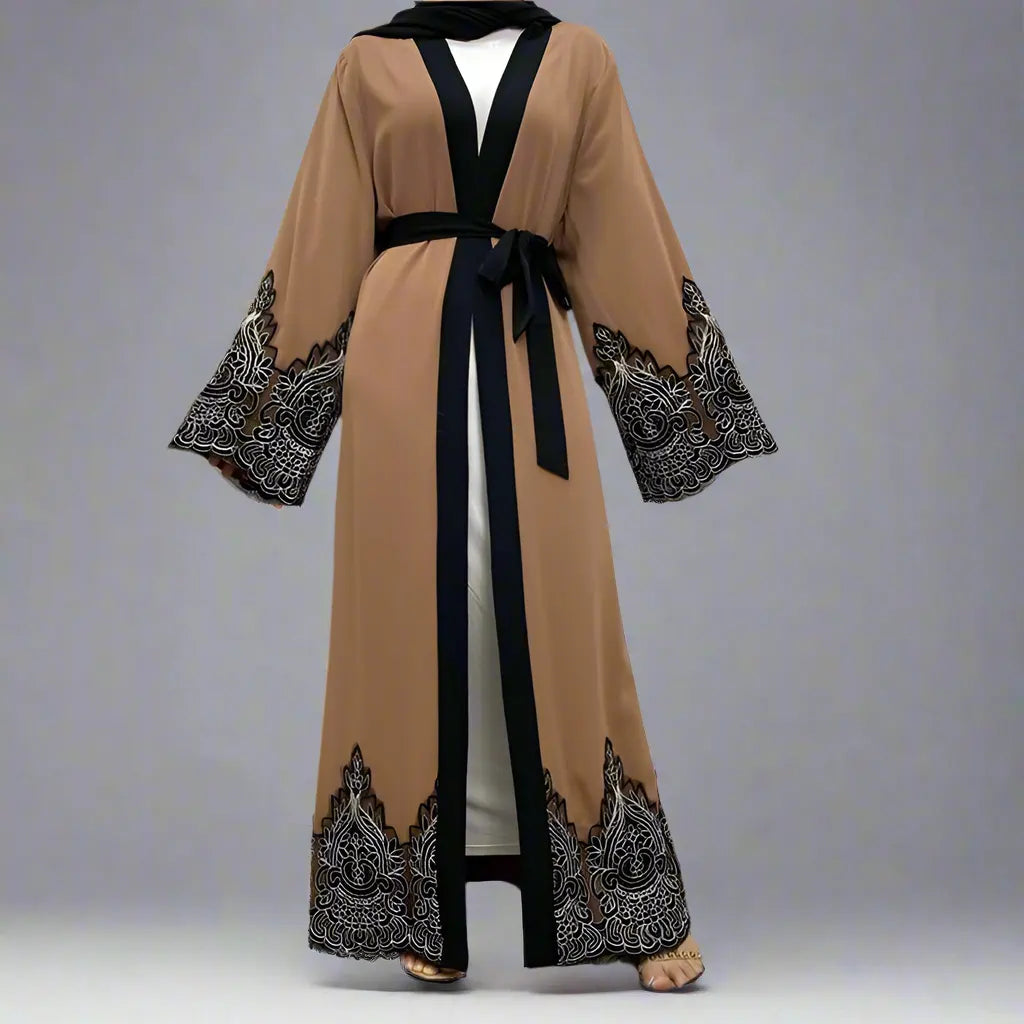 Elegant Muslim Women's Lace Embroidery Nida Cardigan Open Abaya Dress - Perfect for Prayer, Modest Fashion & Special Occasions