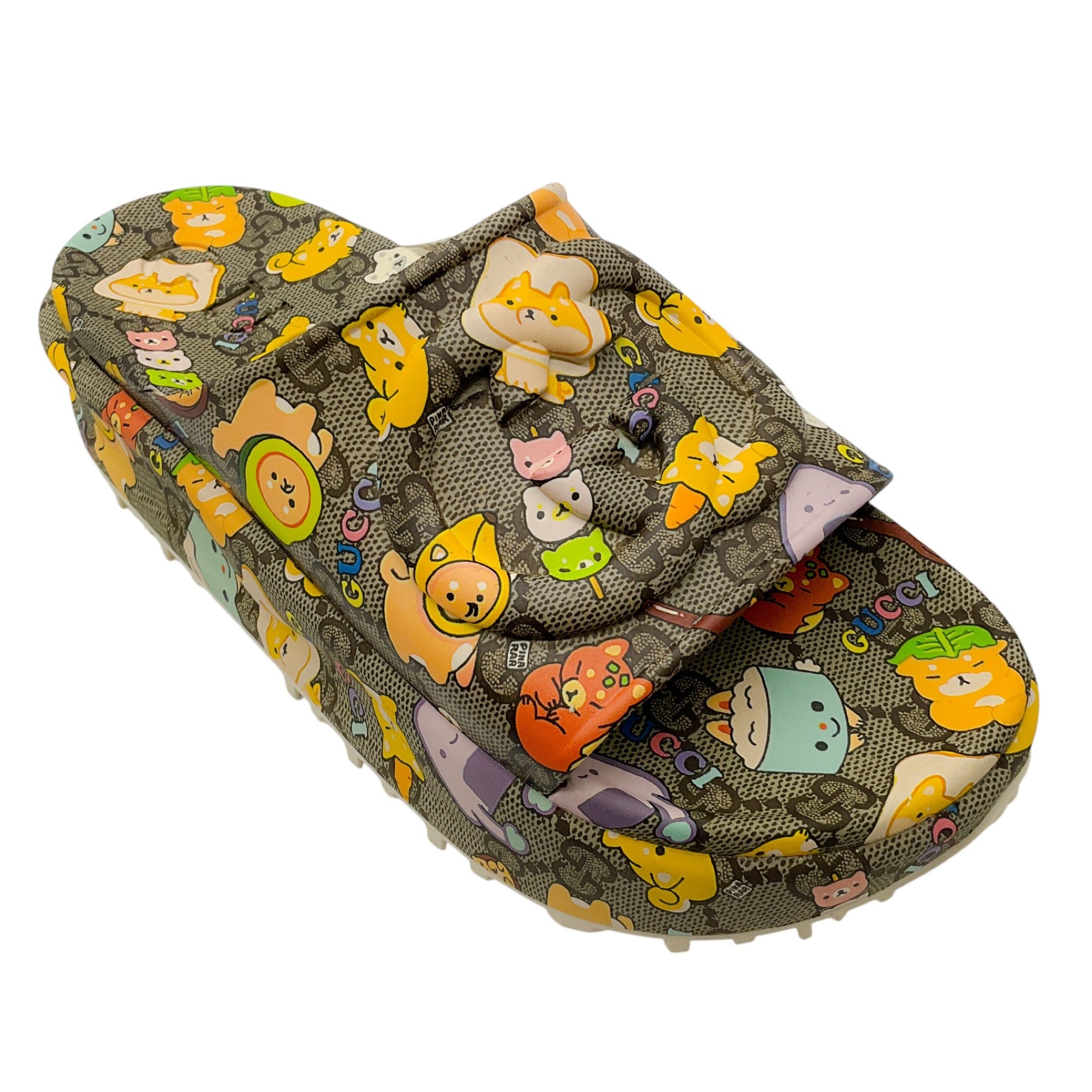 Gucci x Pikachu Beige Ebony Multi Cubic Rubber Monogram Animal Print Interlocking G Platform 42mm Slide Sandals for Women - Fashion Luxury Summer Beach Slides for Casual Outings & Vacation Wear