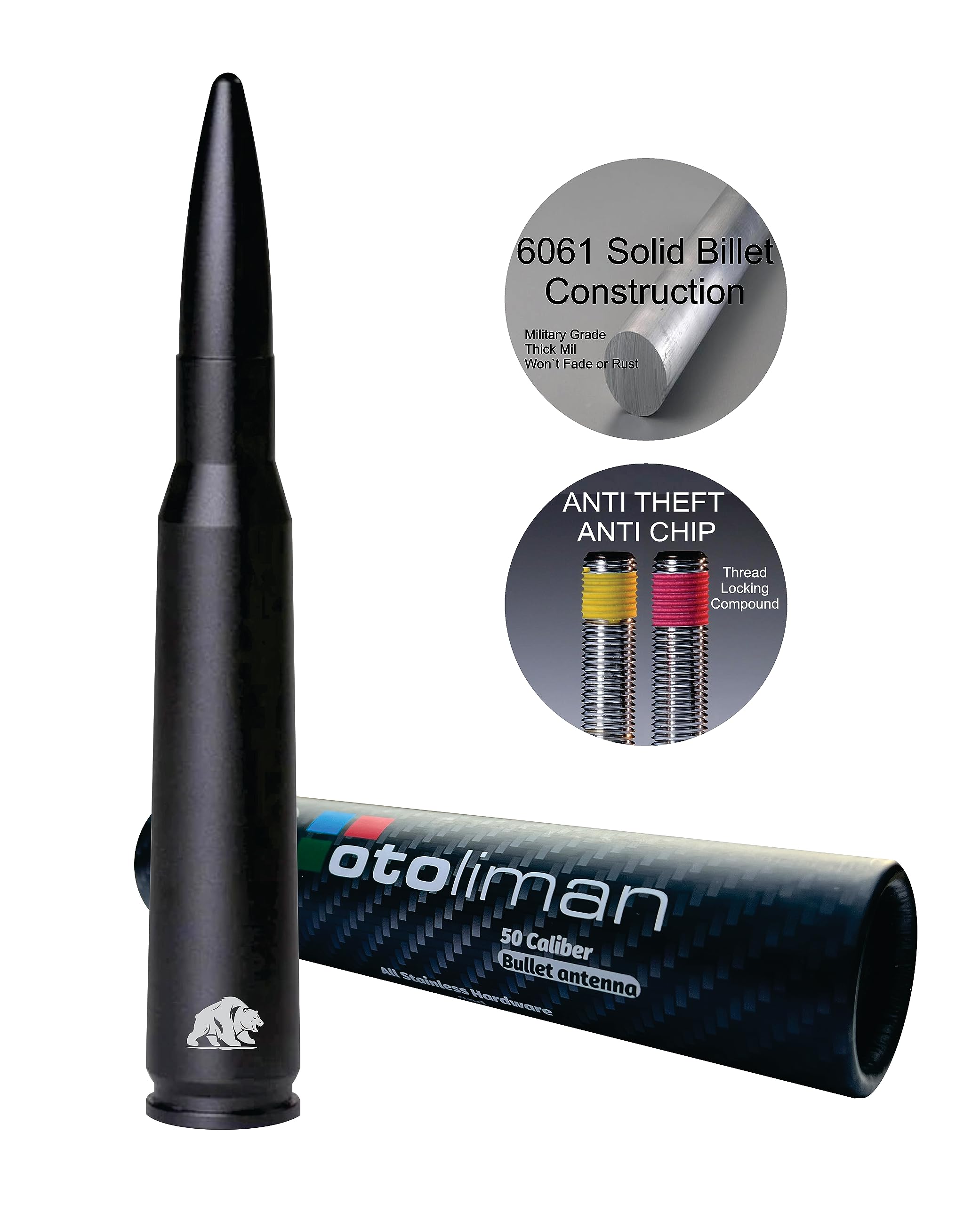 50 Cal Bullet Antenna for Jeep Wrangler JK JL & Gladiator (2007-2022) - Durable 6061 Billet Aluminum Construction in Frosted Black - Off-Road & Military Style Accessory for Jeep Enthusiasts