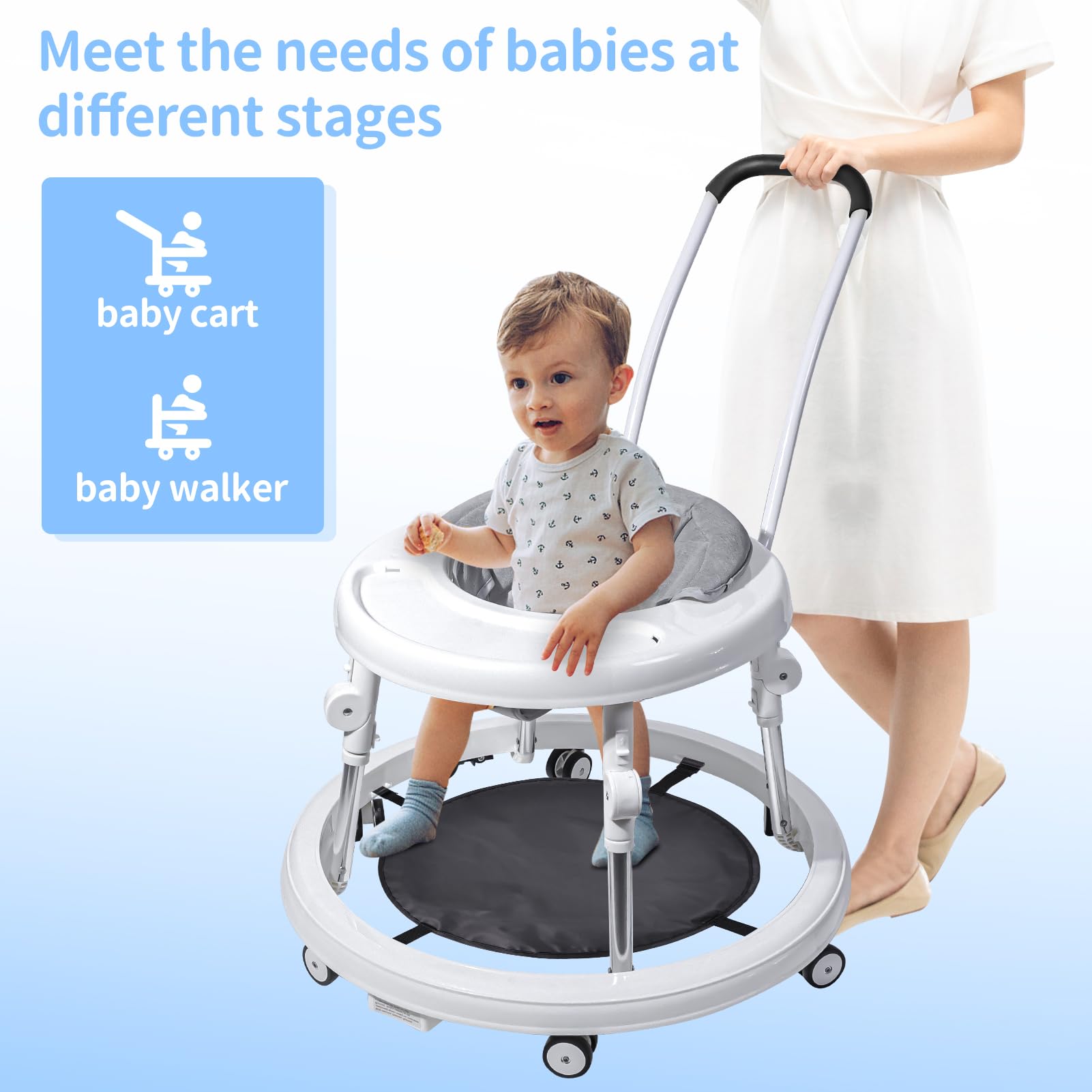 3-in-1 Foldable Baby Walker with Mute Wheels & Anti-Rollover Design - Adjustable Height (9 Gears) for Infants 6-18 Months | Push Handle & Footrest | Safe Activity Center for Boys & Girls | Perfect for Learning to Walk & Indoor Playtime