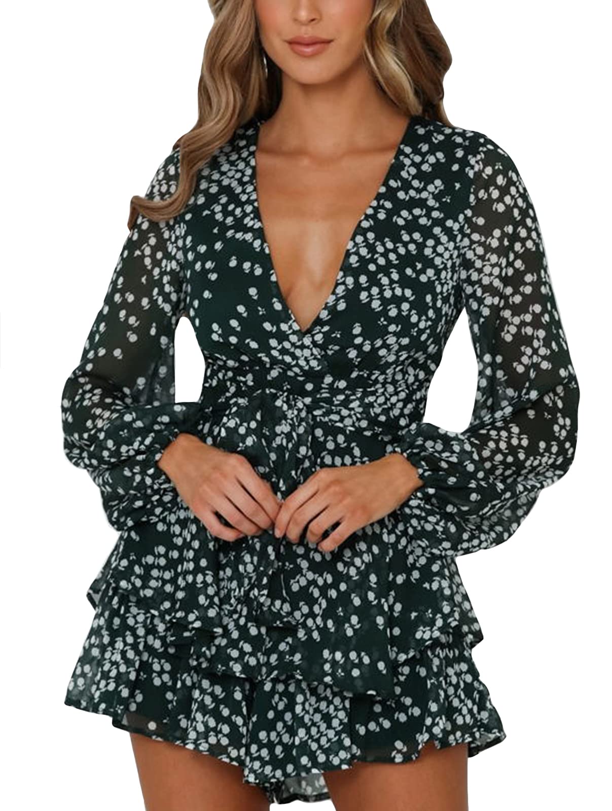 Women's Summer Casual Deep V-Neck Ruffle Long Sleeve Dress 2023 | Flowy Maxi Dress for Beach, Party & Date Night