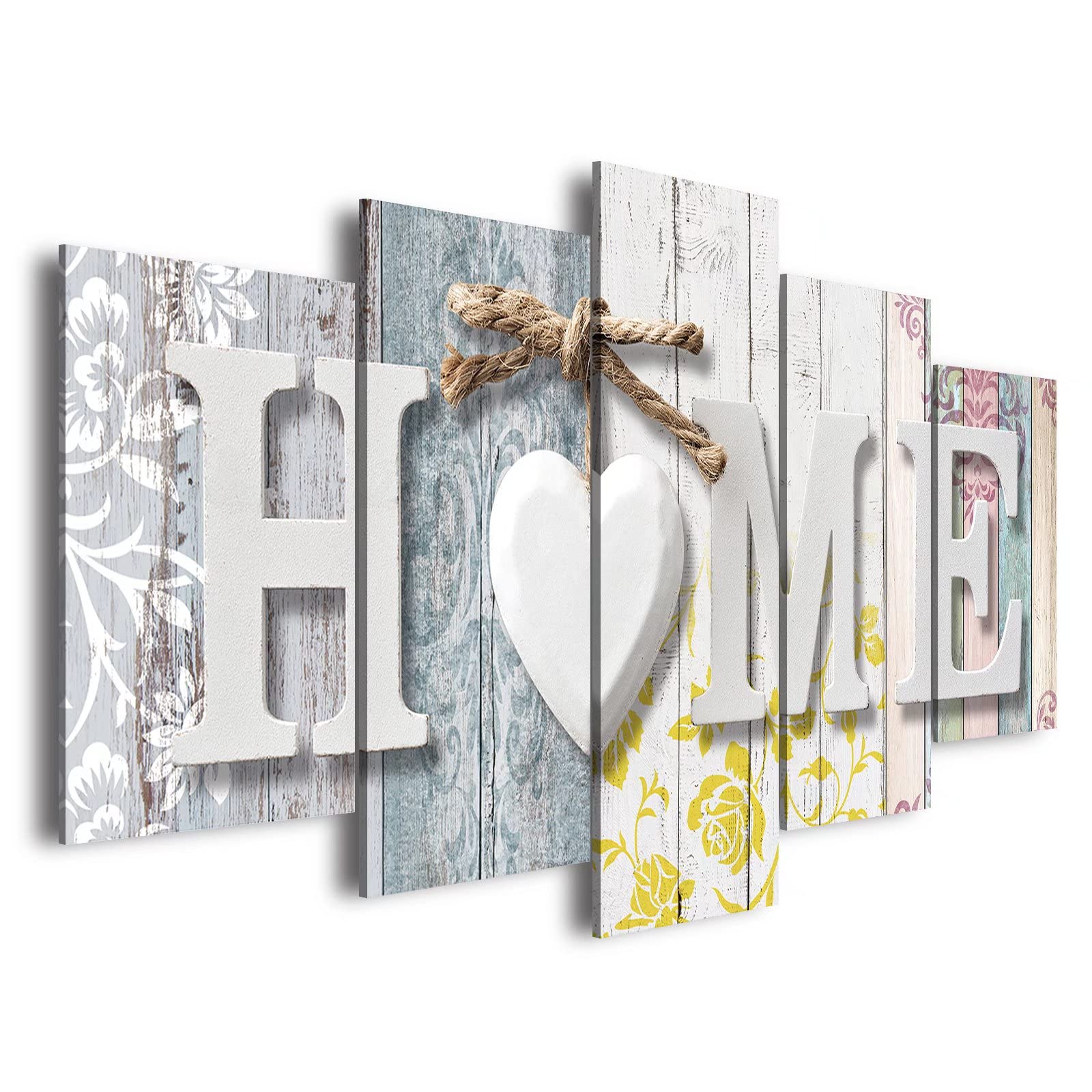 Abstract Love Wall Art Canvas Painting - Yellow & White 5 Panels for Living Room Decor | Rustic Home Artwork with Flowers | 80