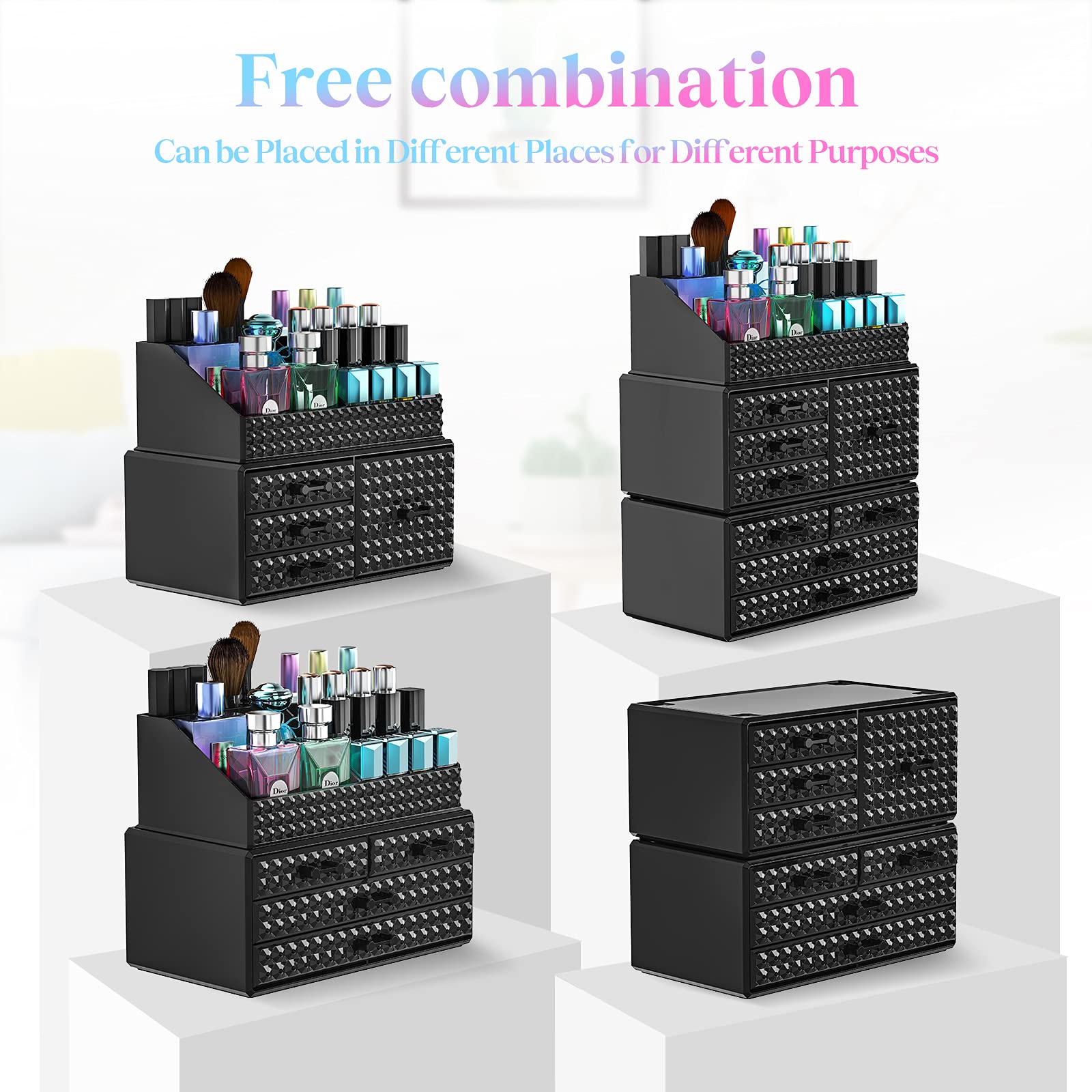 3 Pack Stackable Acrylic Makeup Organizer with 8 Drawers - Upgraded Cosmetic Storage Case for Brushes, Perfumes & Jewelry - Perfect for Vanity, Bathroom Countertop & Bedroom Organization (Plus Size)