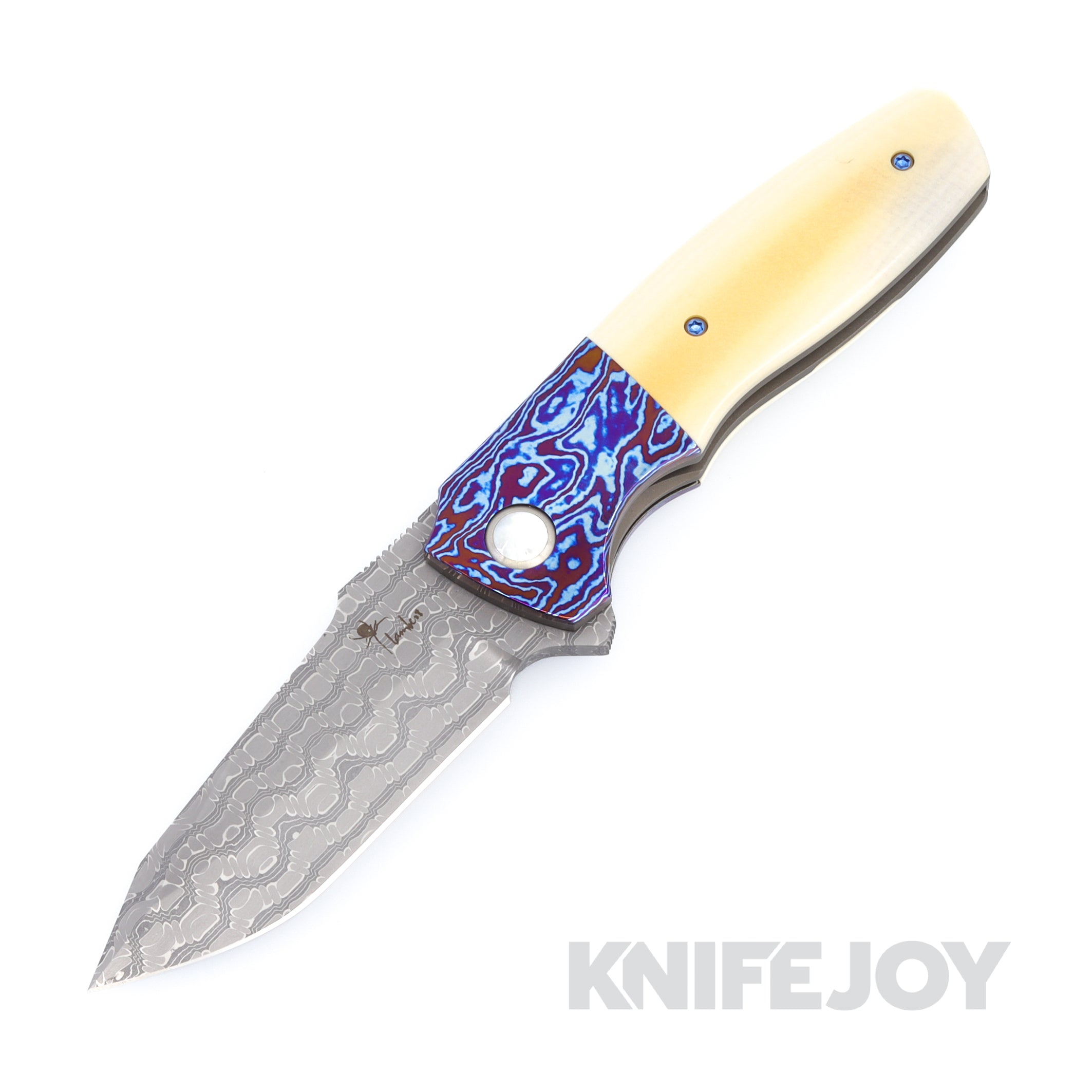 Premium Kirby Lambert Ghost Folder Knife - Damascus Steel Blade, Vintage Micarta Handles, Mokume Bolster & Clip, Mother of Pearl Accents - EDC, Camping, Hunting & Collectible Knife for Outdoor Enthusiasts