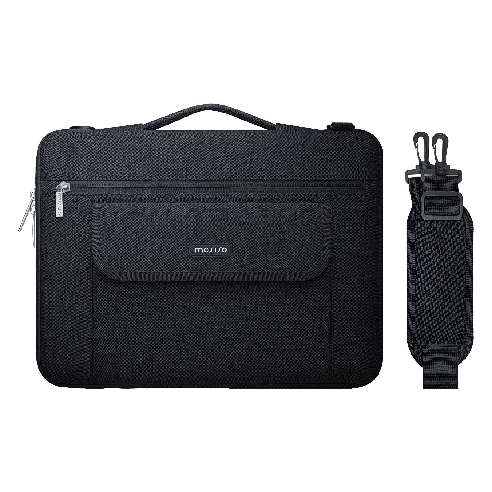 MOSISO 360 Protective Laptop Shoulder Bag for MacBook Air/Pro 13-13.3 inch & MacBook Pro 14 inch 2021 - Waterproof Notebook Case with Side Open Sleeve, Front Flip Pocket & Extendable Handle - Perfect for Work, Travel & School (Black)