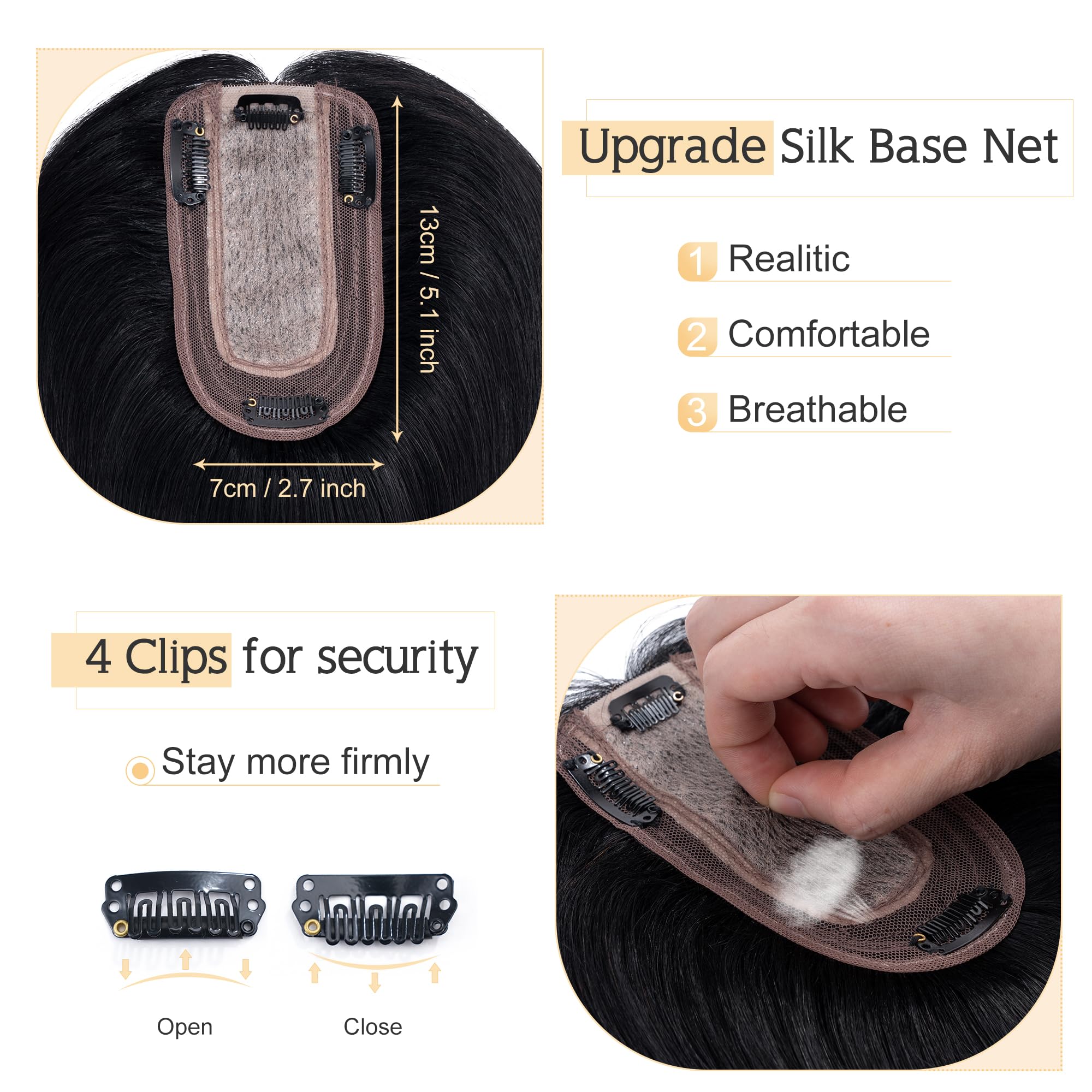 SEGO 100% Real Human Hair Toppers for Women with Thinning Hair - 7x13cm Silk Base Clip-in Top Wiglet - 18 Inch No Bangs Jet Black - Perfect for Daily Wear, Parties & Special Occasions