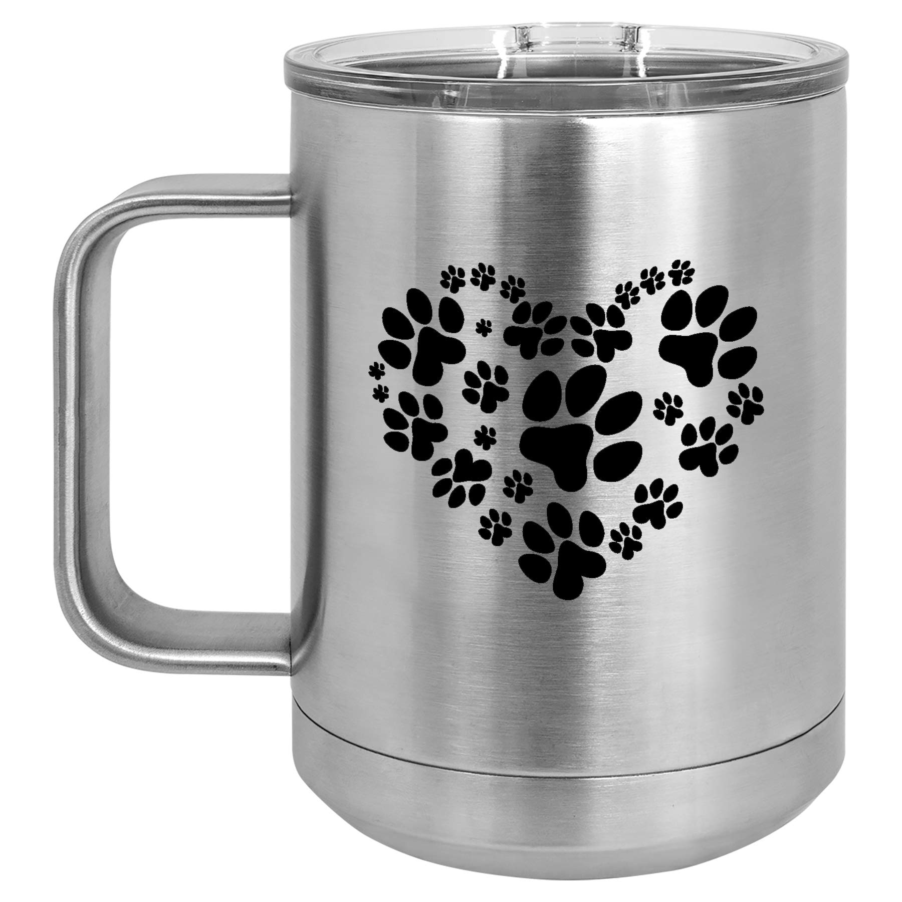 15 oz Stainless Steel Vacuum Insulated Tumbler with Handle & Lid - Heart Paw Print Design - Silver Travel Coffee Mug for Hot & Cold Drinks - Perfect for Office, Commuting, Camping and Outdoor Activities