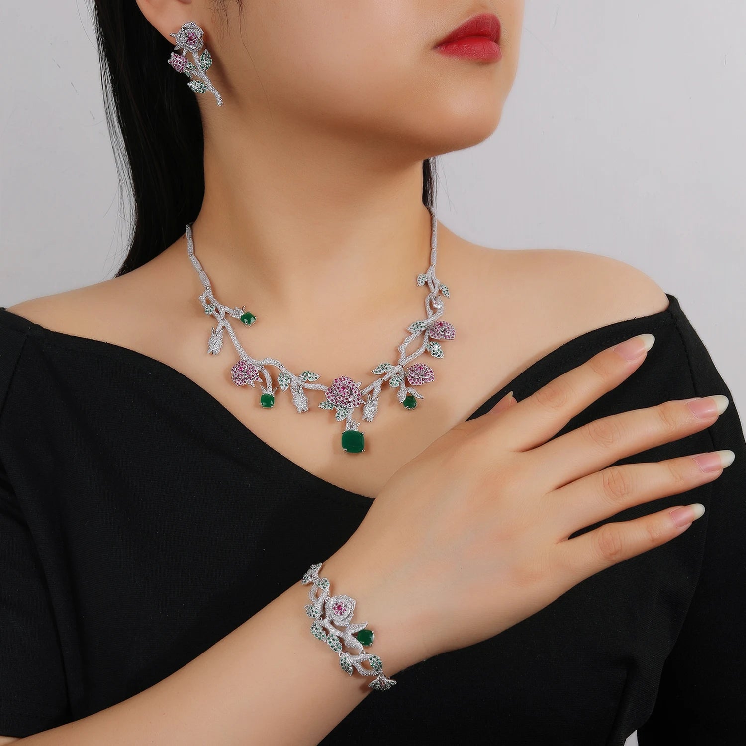 Luxury 3-Piece Cubic Zirconia Rose Flower Jewelry Set - Necklace, Earrings & Bracelet for Women | Bridal Wedding Party Accessories | Perfect for Anniversary, Valentine's Day & Special Occasions