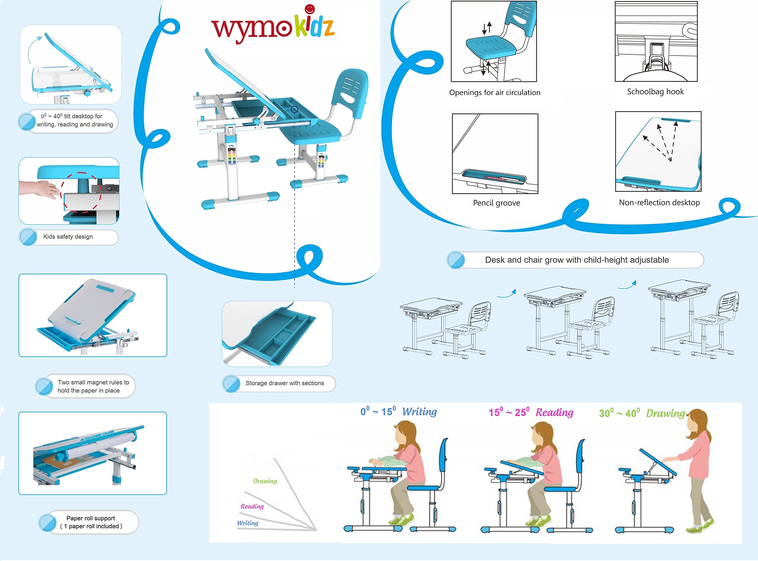 Ergonomic Adjustable Kids Desk & Chair Set with Drawing Paper Roll - Grey - Perfect for Study, Drawing & Homework in Children's Room