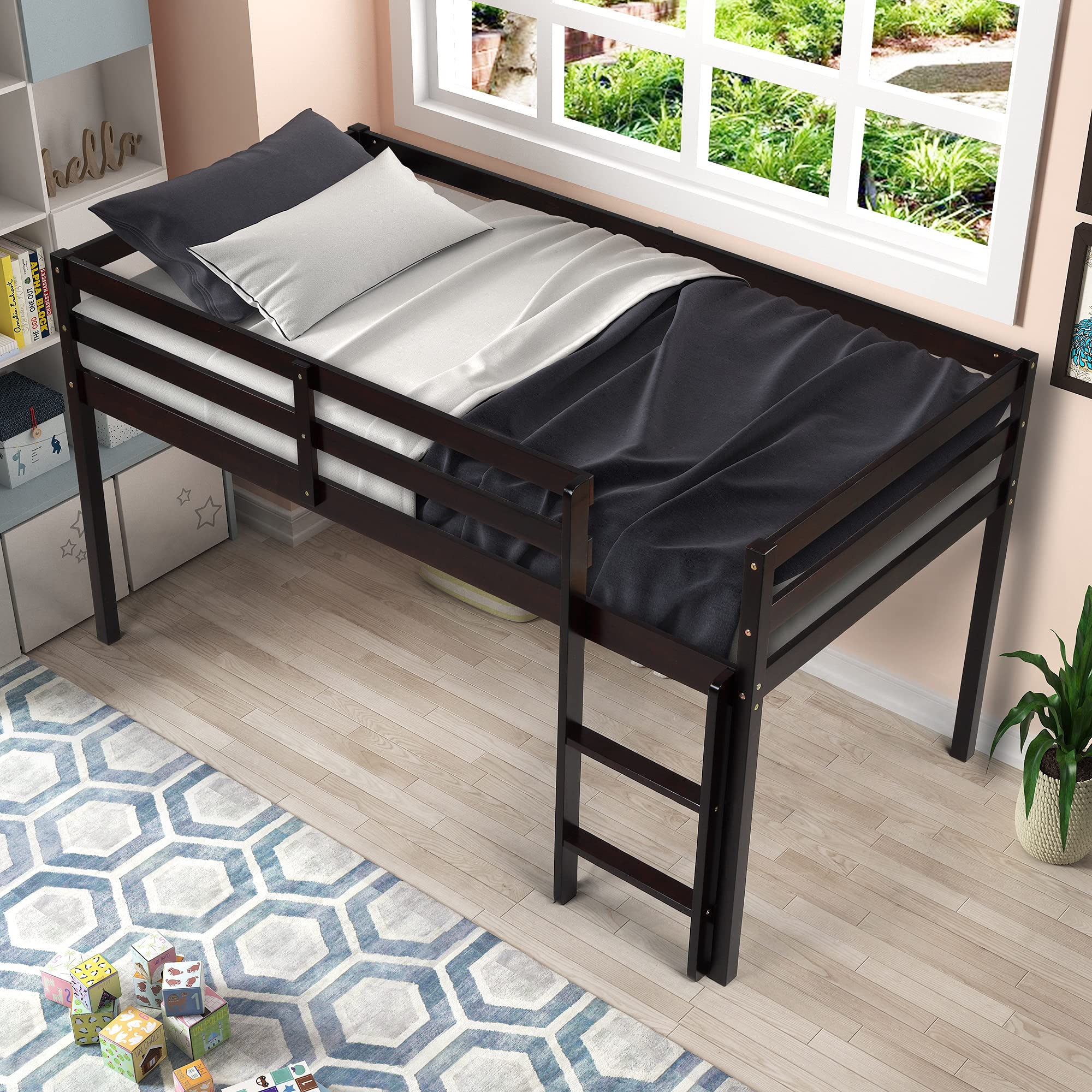 Twin Size Wood Loft Bed with Ladder - Low Bunk Bed for Teens, Kids, Boys & Girls - Sturdy Espresso Bedroom Furniture - Perfect for Small Spaces, Dorm Rooms & Shared Kids' Bedrooms