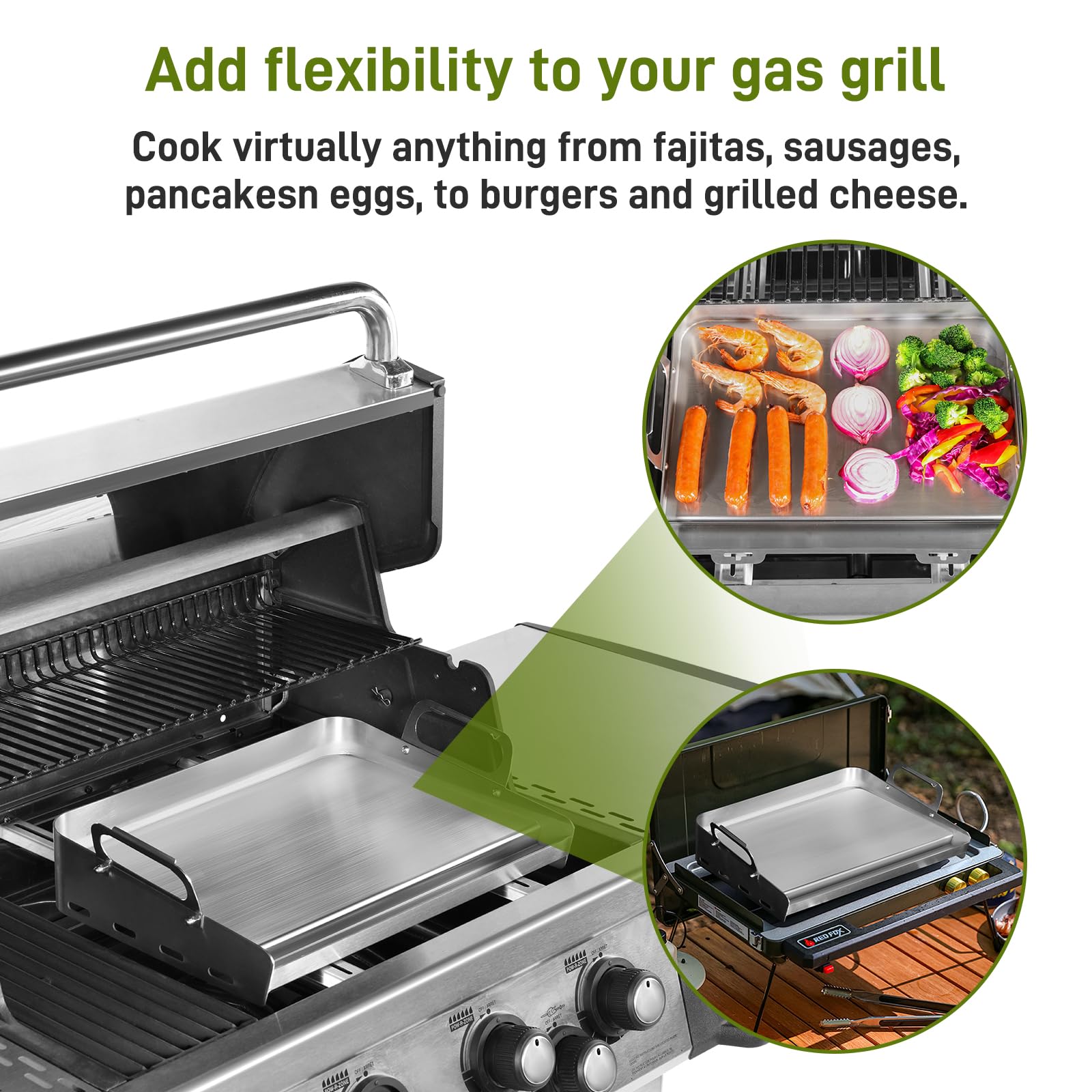 Stainless Steel Griddle for Gas Grill - 17x13 Inch Flat Top Grill with Removable Grease Tray | Perfect for Camping, Tailgating & Outdoor Cooking | Stovetop Griddle for Gas Burners, BBQs & Patio Parties