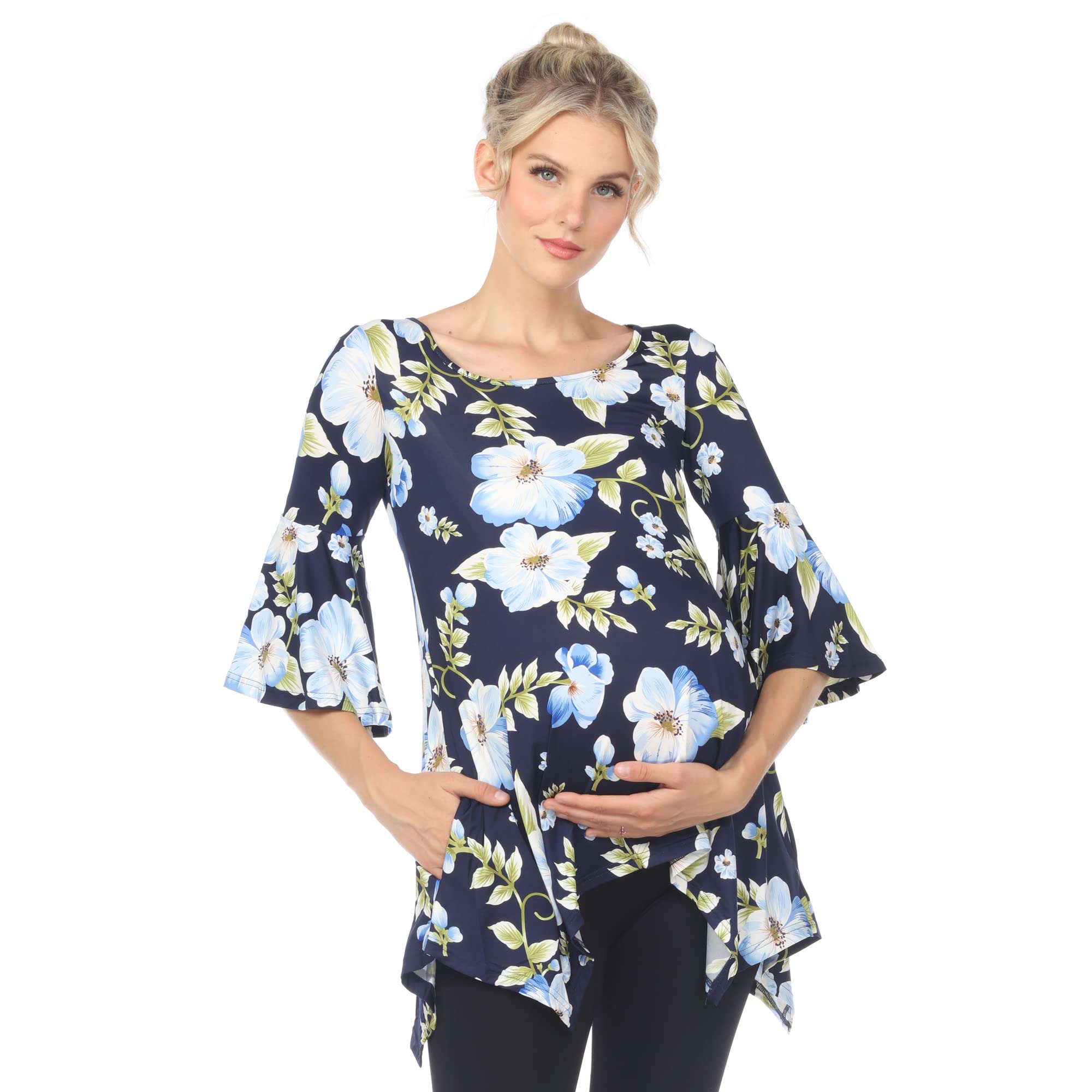 White Mark Women's Maternity Roche Bell Sleeves Flowy Printed Tunic Top - Comfortable Pregnancy Blouse for Casual Wear & Nursing