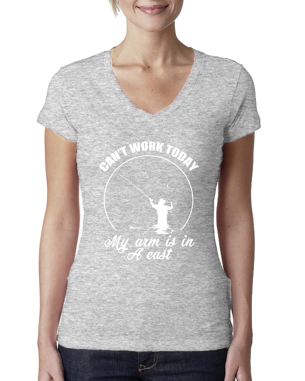 Funny Fishing T-Shirt for Women - 'Can't Work Today My Arm is in A Cast' Graphic Tee | Junior Fit V-Neck Casual Top | Perfect for Fishing Trips, Outdoor Activities & Humor Lovers