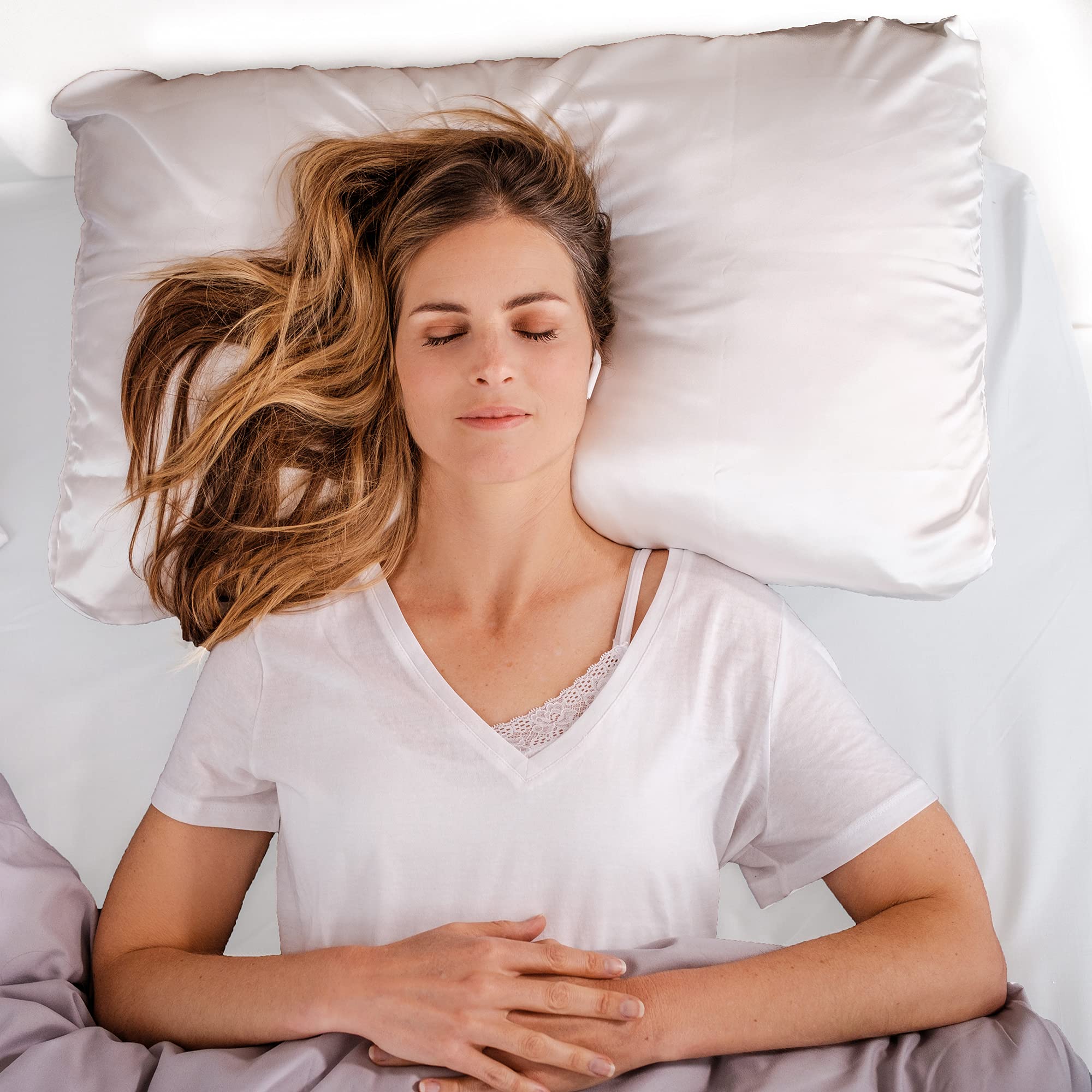 PureComfort Memory Foam Pillow with Ear Hole & Cooling Satin Pillowcase Set - Perfect for Side Sleepers, Tinnitus Relief and Hair Care