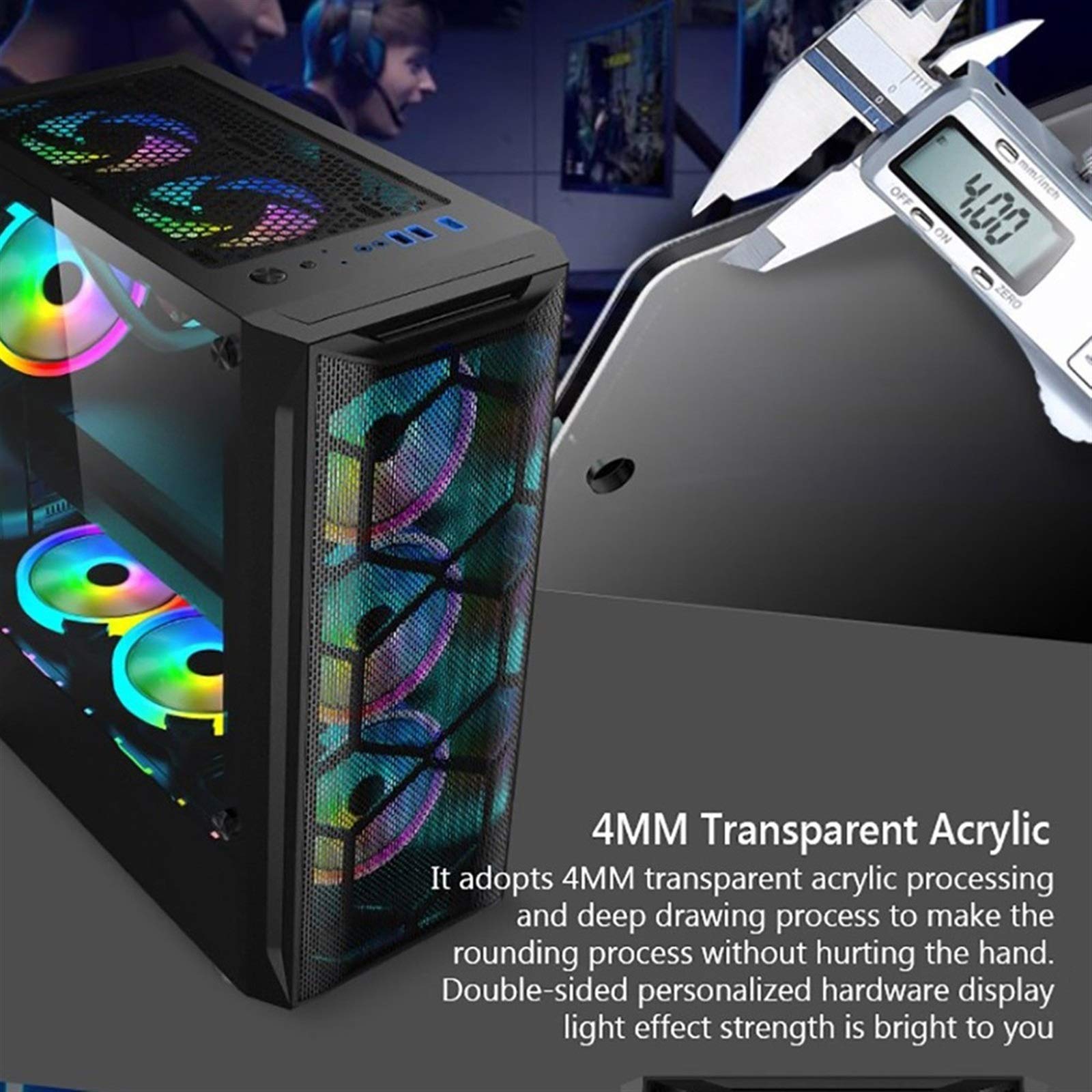 Mid Tower ATX Computer Case with Tempered Glass Panel, USB 3.0 Ports & 8 Fan Positions - Supports Water Cooling (4 Fans Included) - Perfect for Gaming PC Builds & Custom Desktop Setups