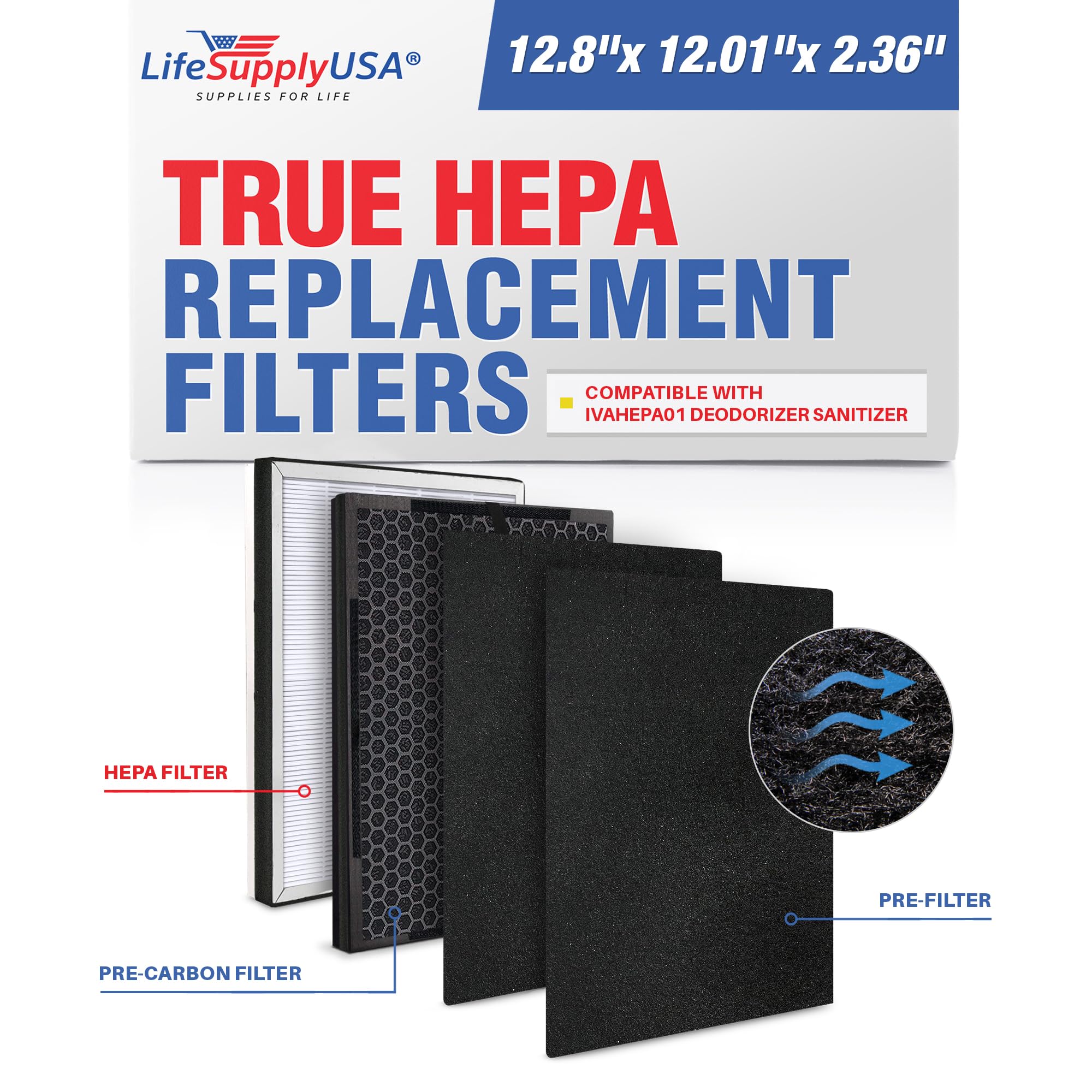 LifeSupplyUSA Complete Replacement Filter Set (1 True HEPA Filter + 1 Charcoal Filter + 2 Carbon Filters) Compatible with Ivation IVAHEPA01 Air Purifier - Odor Eliminator & Sanitizer for Home, Office, Bedroom, and Pet Areas