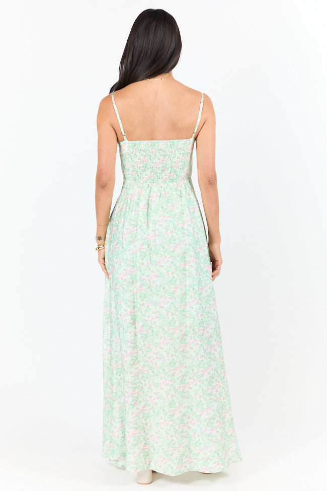 Elegant Pink and Green Floral Print Maxi Dress for Women | Summer Beach Wedding Party Dress | Perfect for Vacations, Date Nights & Outdoor Events