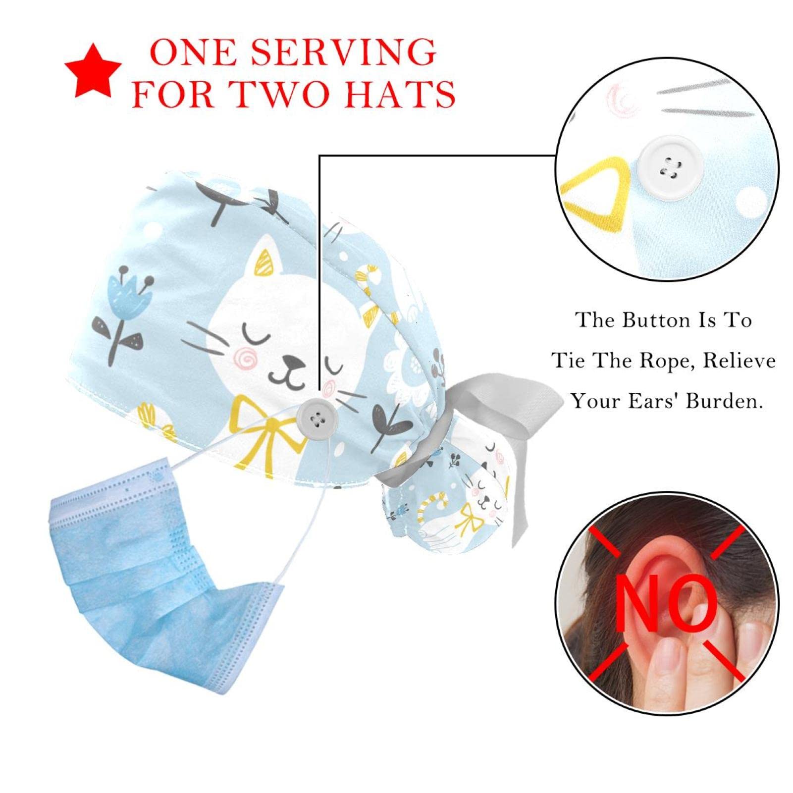 Cat Princess Heart Scrub Hats for Women & Men - 2 Pack Long Hair Surgical Caps with Button Closure & Sweatband - Unisex Tie Back Working Hats for Nurses, Doctors, Healthcare Professionals - Perfect for Hospitals, Clinics & Medical Work Environments