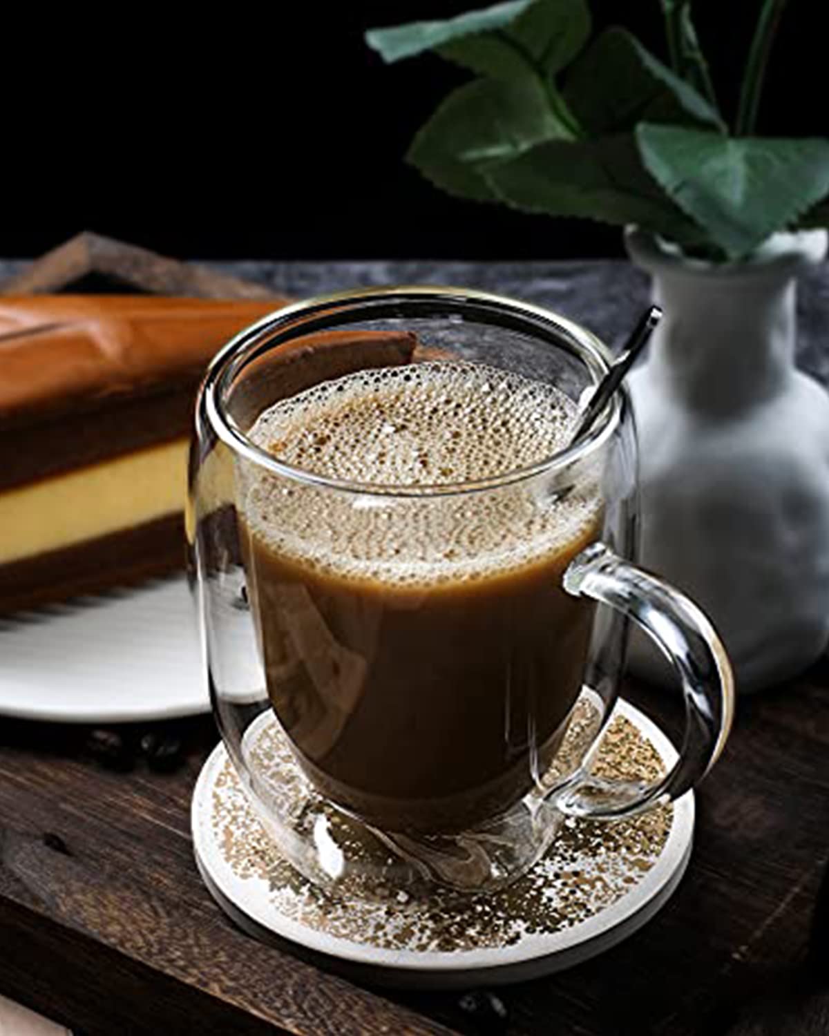 LIBWYS 2 Pack 350ml Double Walled Insulated Coffee Mugs with Lids & Spoons - Heat Resistant Glass Cups for Cappuccino, Latte, Tea - Perfect for Home, Office & Cafe Use