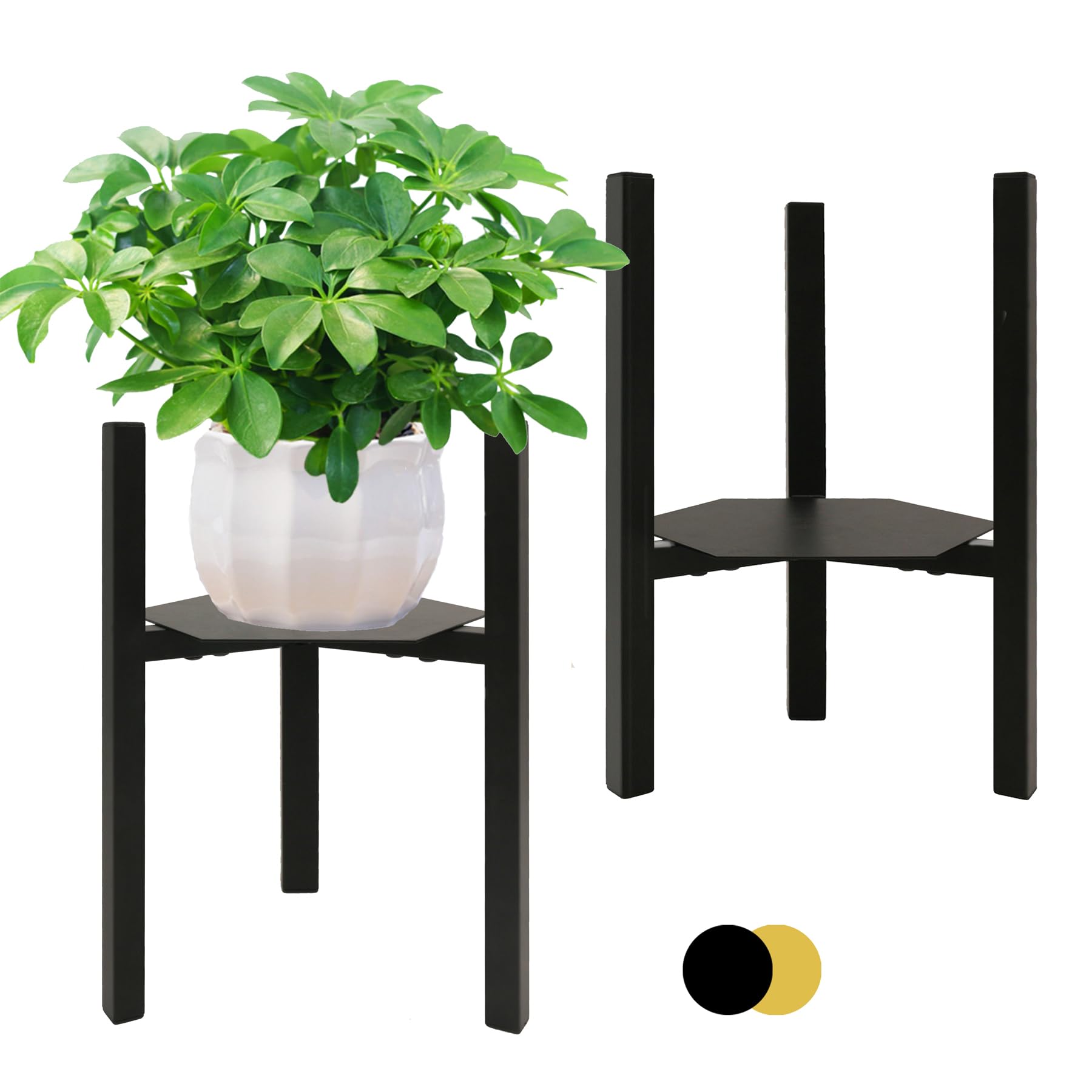 2 Pack Black Metal Adjustable Mid-Century Plant Stand with Hex Trays - Heavy Duty Indoor Plant Holder for Potted Plants (Plant Pot Not Included) - Perfect for Living Room, Bedroom, or Office Decor