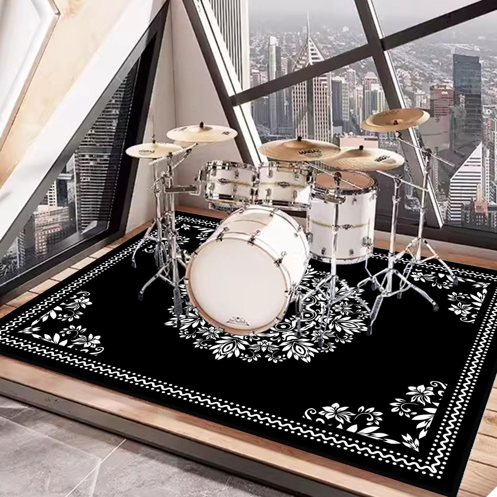 **4x6ft Drum Rug with Non-Slip Bottom - Soundproof Drum Set Floor Mat for Electric Drums (47x71in, Circular Pattern) - Perfect for Home Studios, Live Gigs & Drum Practice Accessories**