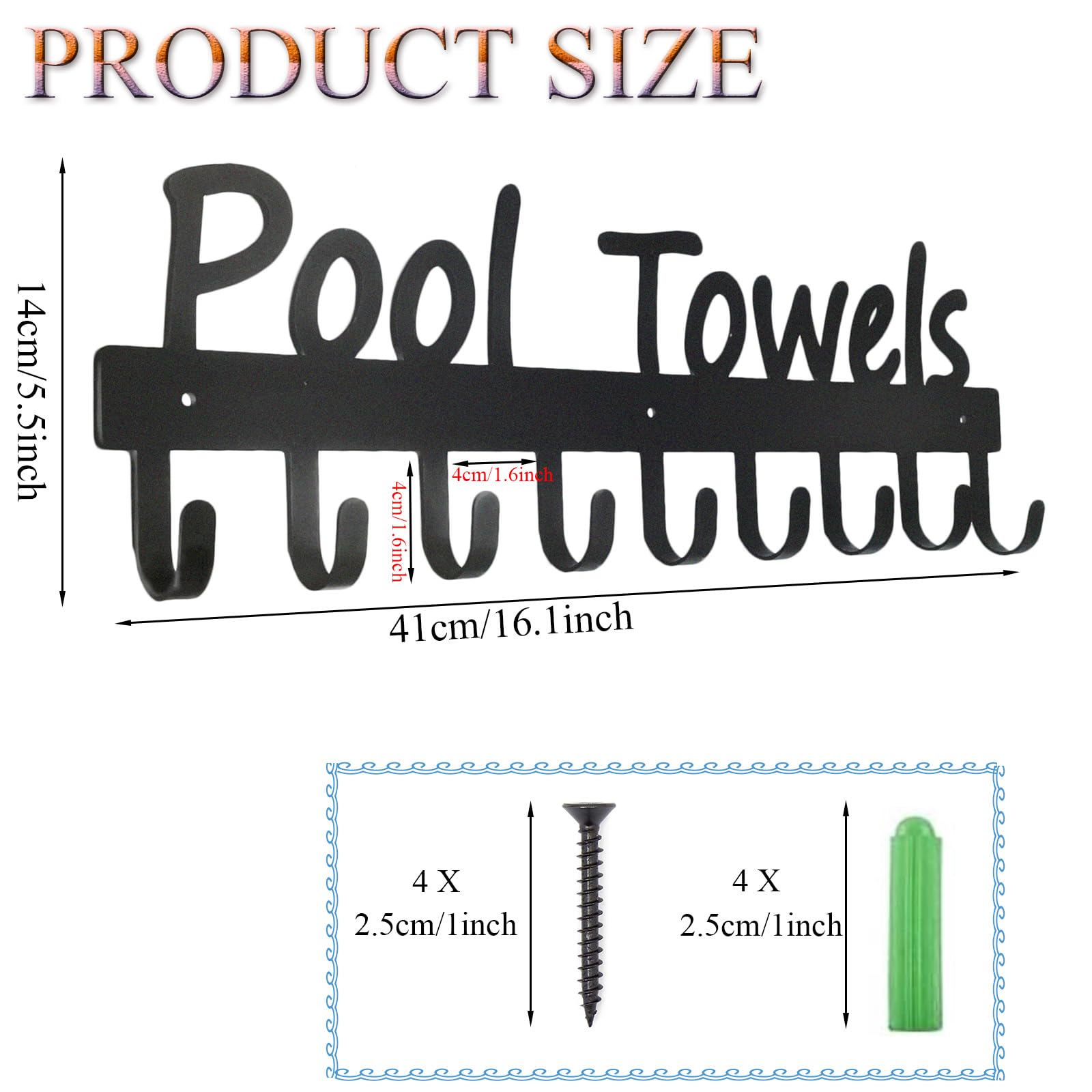Black Outdoor Pool Towel Rack with 9 Hooks - Heavy Duty Towel Hanger for Swimsuits, Bathrobes & Clothes - Perfect for Poolside, Beach House & Bathroom Organization