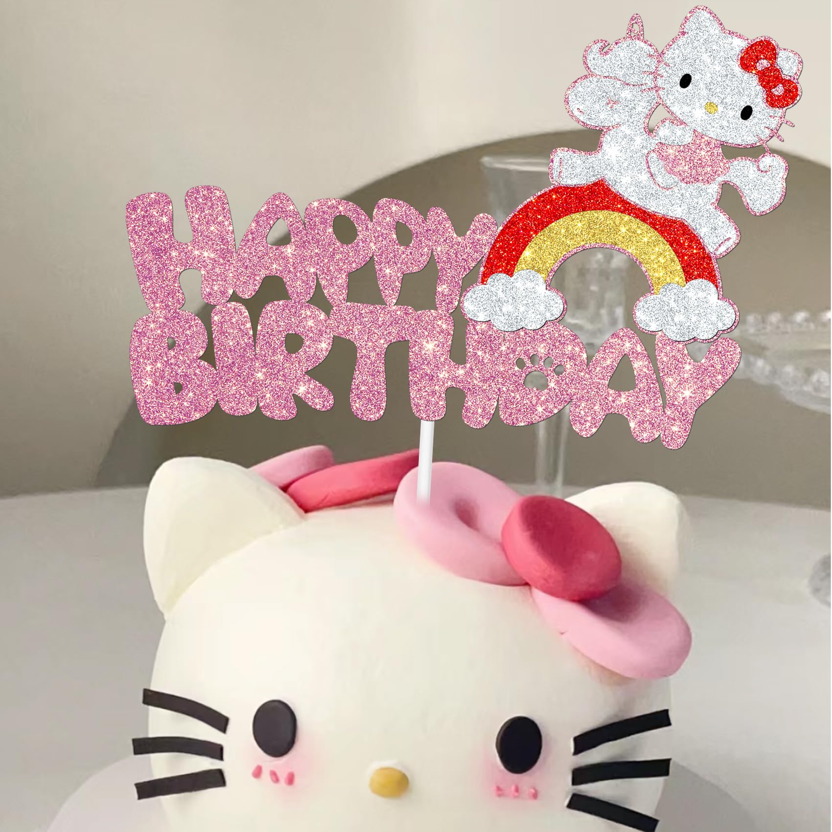 Cute Pink Cartoon Cat Birthday Cake Topper - Perfect for Cat Lover Birthday Parties, Baby Showers & Themed Celebrations